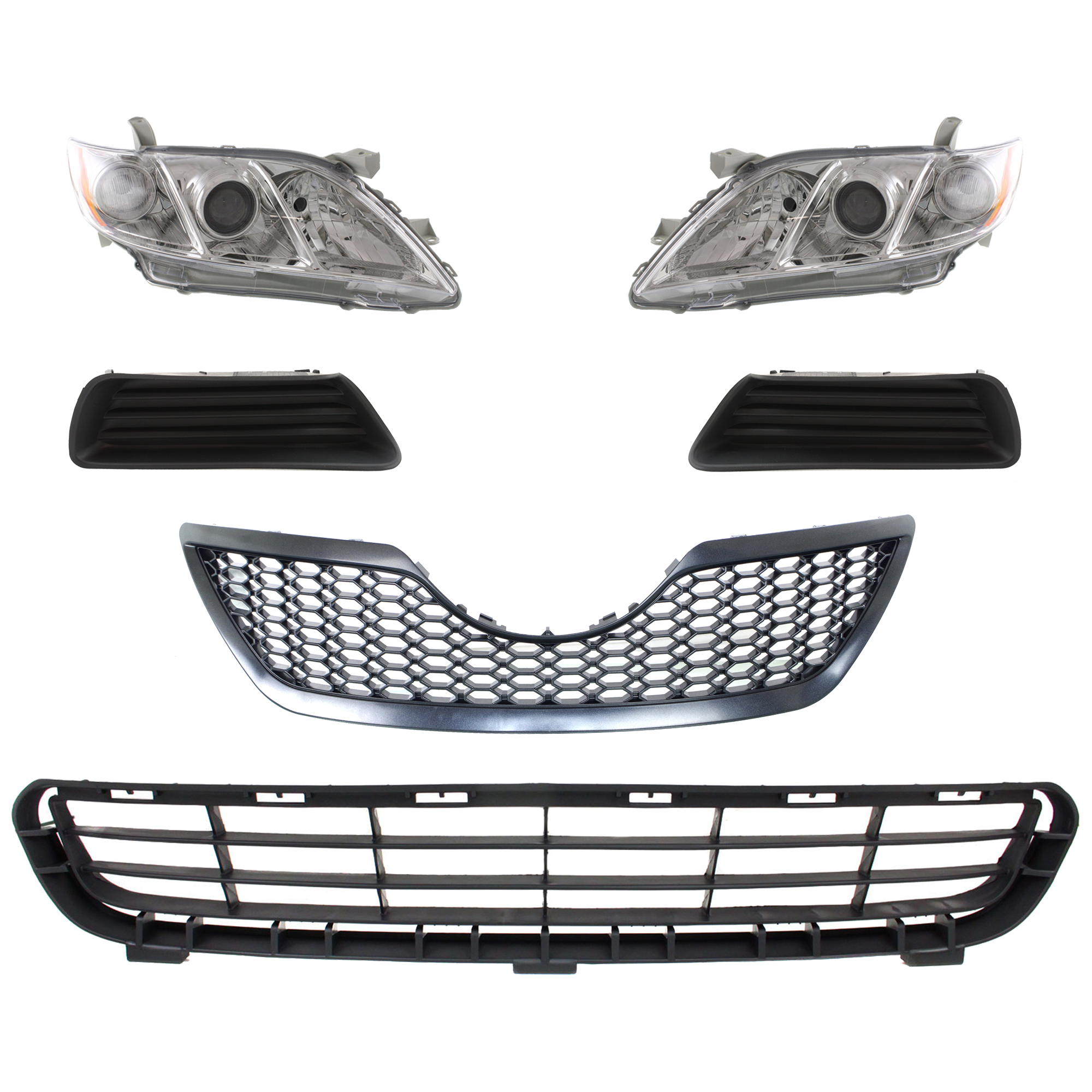 AM CAMRY 07-09 HEAD LAMP RH AND LH 6 Pc kit Lens and Housing Halogen with Bumper Grille Fog Light Cover and Grille Assembly SKU KIT 092823-103 Partslink TO2502167 TO2503167 TO1036103 TO2598103 TO2599103 TO1200291 OEM 8113033652-8117033652-53112060