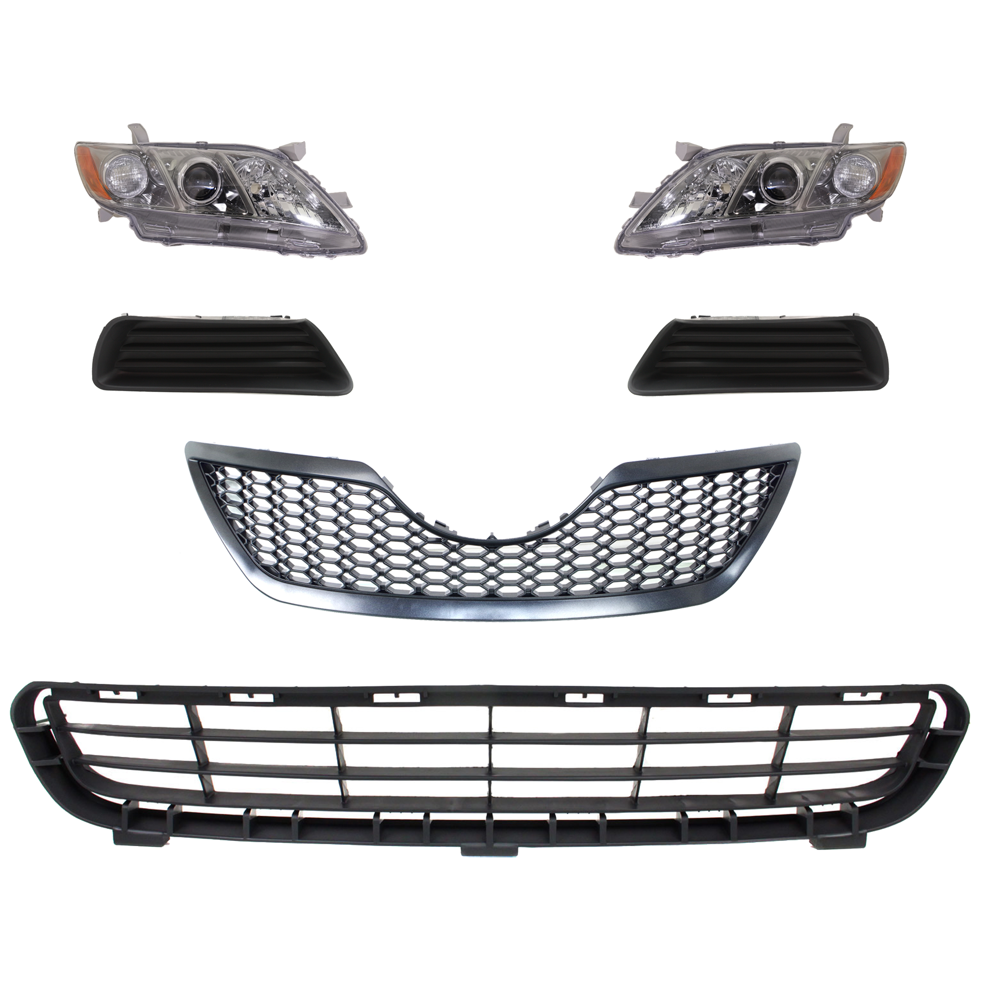AM CAMRY 07-09 HEAD LAMP RH AND LH 6 Pc kit Lens and Housing Halogen with Bumper Grille Fog Light Cover and Grille Assembly SKU KIT 092823-104 Partslink TO2518130 TO2519130 TO1036103 TO2598103 TO2599103 TO1200291 OEM 8113006212-8117006212-53112060