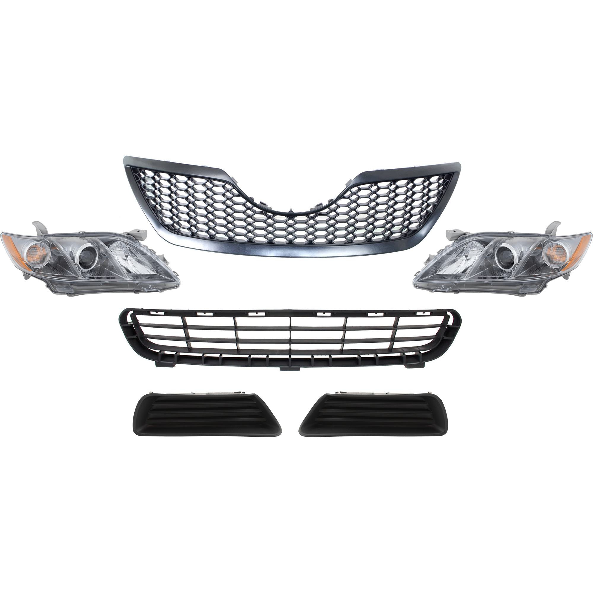 AM CAMRY 07-09 HEAD LAMP RH AND LH 6 Pc kit Assembly Halogen with Bumper Grille Fog Light Cover and Grille Assembly SKU KIT 092823-105 Partslink TO2502168 TO2503168 TO1036103 TO2598103 TO2599103 TO1200291 OEM 8111006C00-8115006C00-53112060