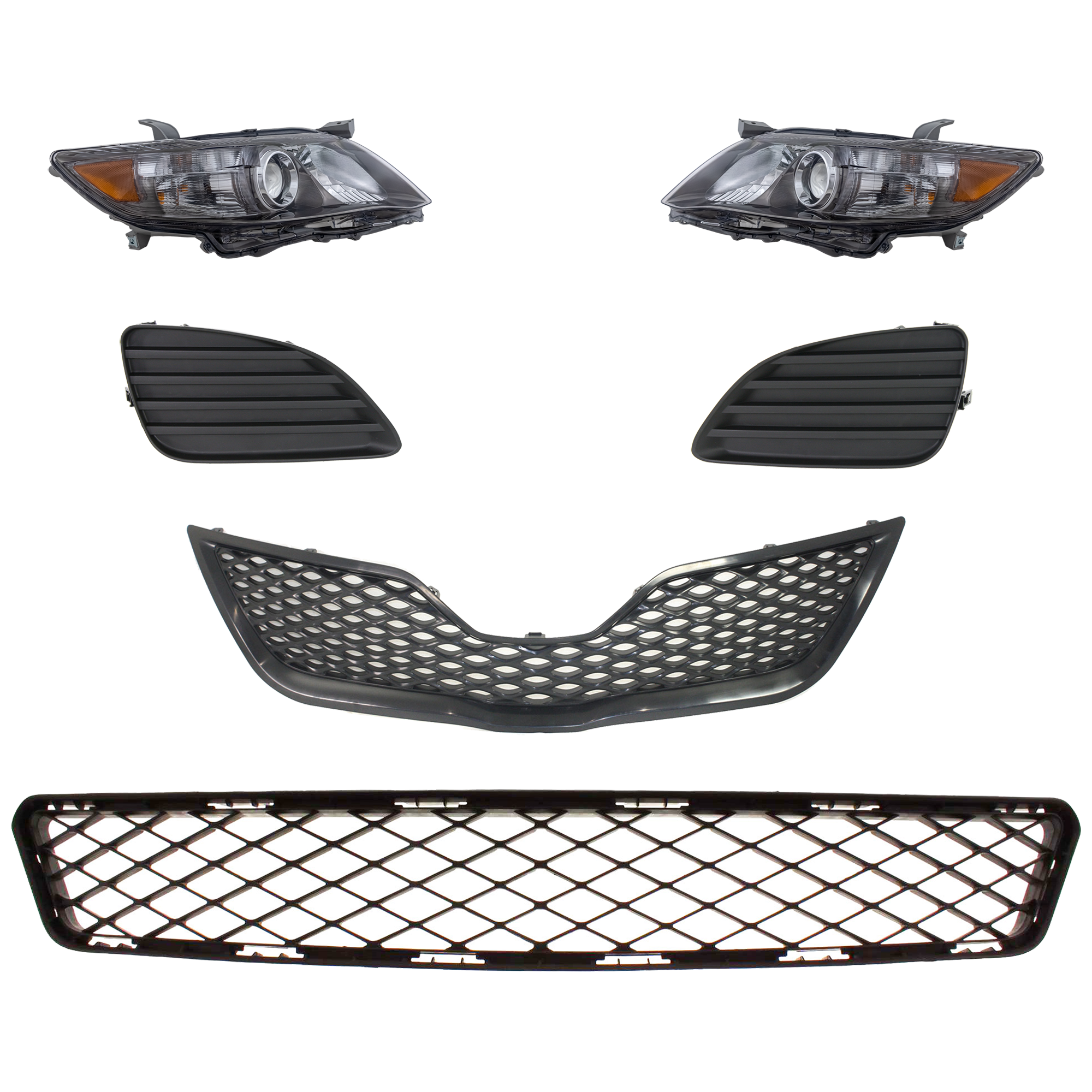 AM CAMRY 10-11 HEAD LAMP RH AND LH 6 Pc kit Assembly Halogen with Bumper Grille Fog Light Cover and Grille Assembly SKU KIT 092823-107 Partslink TO2502193 TO2503193 TO1036123 TO1038130 TO1039130 TO1200323 OEM 8111006510-8115006510-53112061
