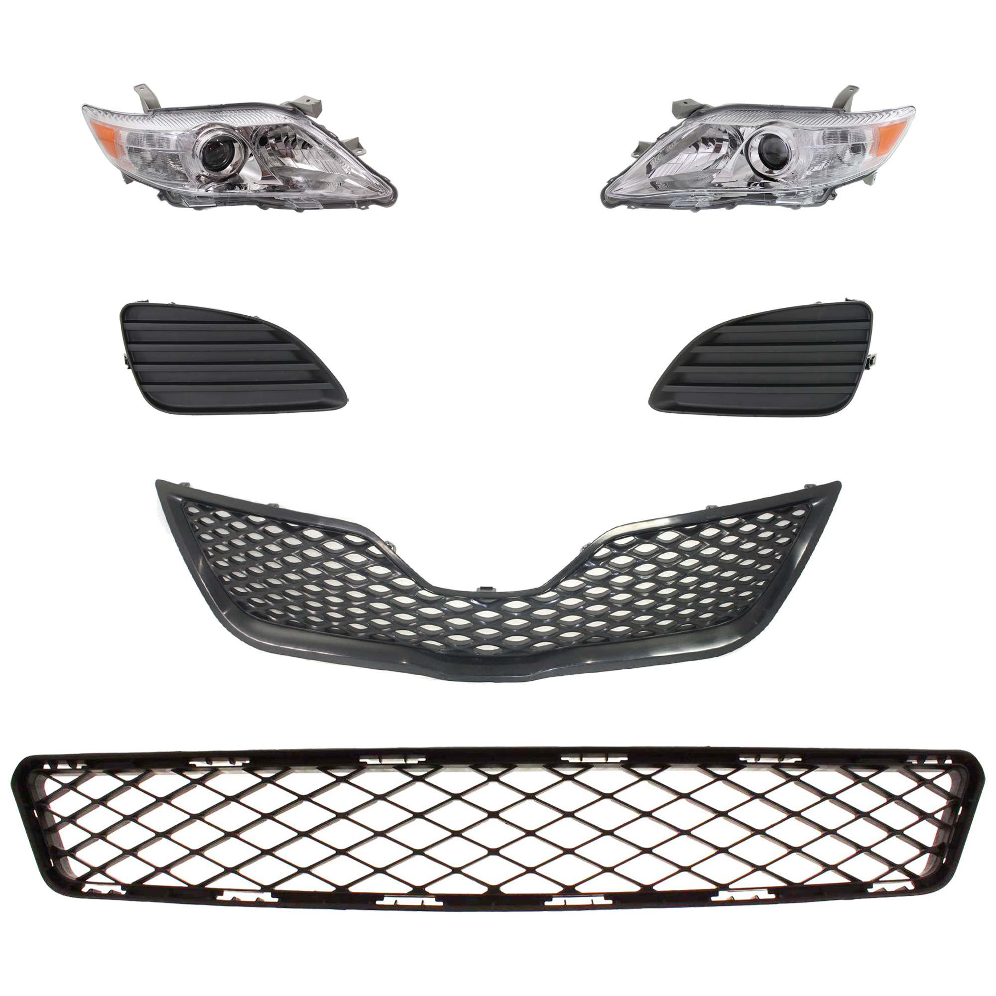AM CAMRY 10-11 HEAD LAMP RH AND LH 6 Pc kit Lens and Housing Halogen with Bumper Grille Fog Light Cover and Grille Assembly SKU KIT 092823-108 Partslink TO2518125 TO2519125 TO1036123 TO1038130 TO1039130 TO1200323 OEM 8113033700-8117033700-53112061