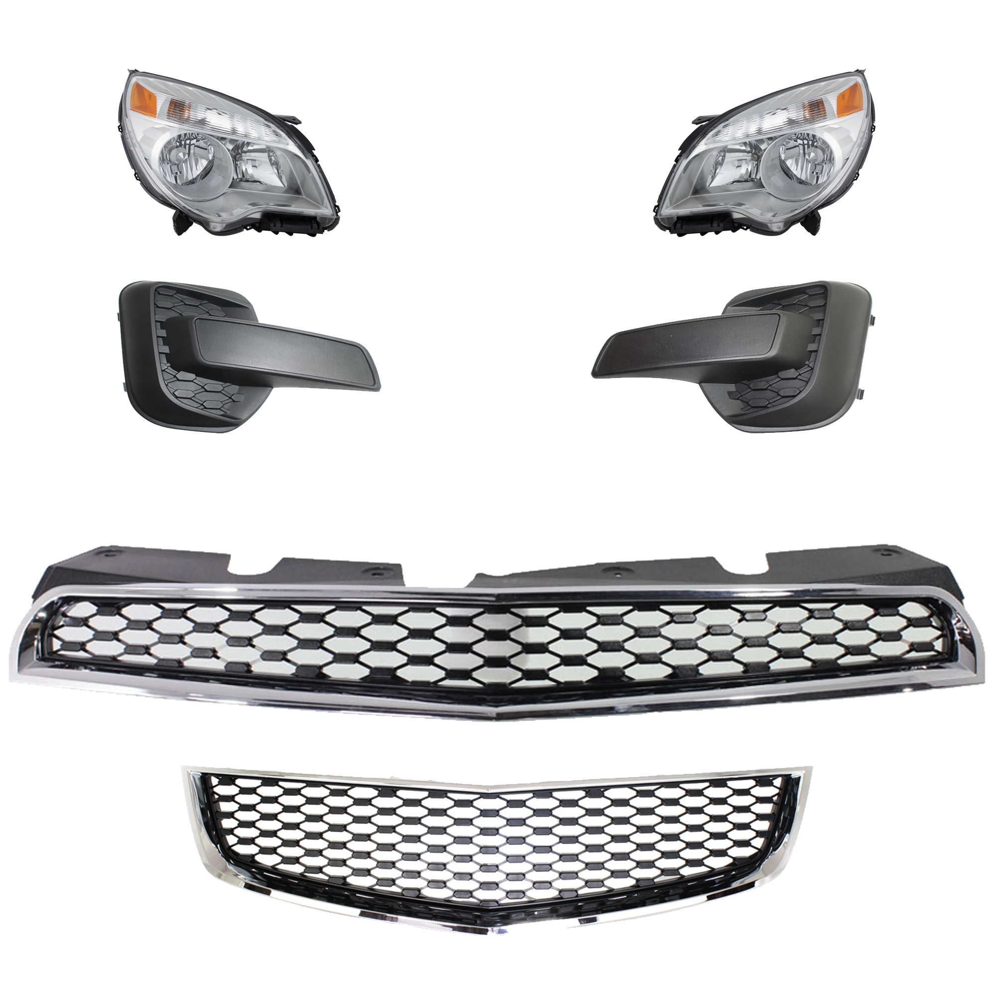 AM EQUINOX 10-15 HEAD LAMP RH AND LH 6 Pc kit Assembly Halogen with Bumper Grille Fog Light Cover and Grille Assembly SKU KIT 092823-10 Partslink GM2502338 GM2502352 GM2503338 GM1200621 GM1038128 GM1039128 GM1200622 OEM 23308253-23383340-23308254-257