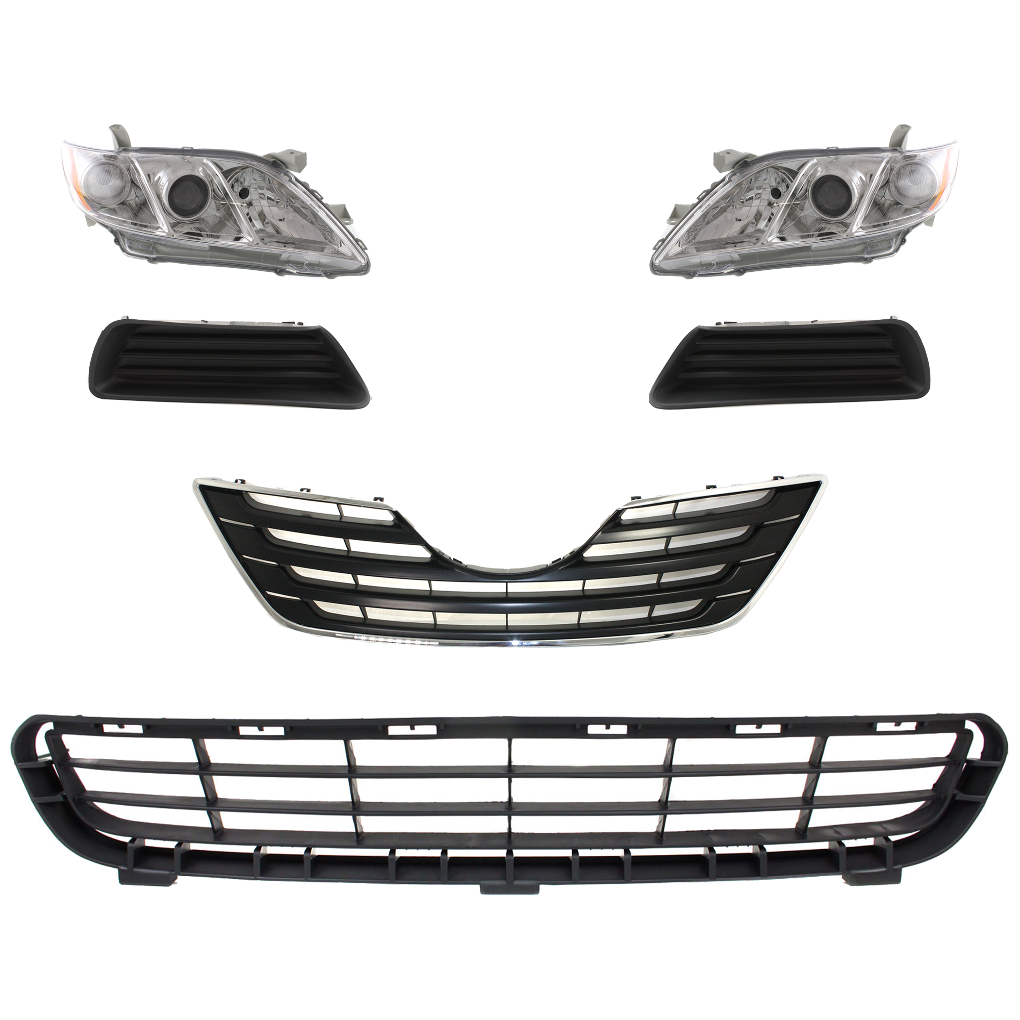 AM CAMRY 07-09 HEAD LAMP RH AND LH 6 Pc kit Lens and Housing Halogen with Bumper Grille Fog Light Cover and Grille Assembly SKU KIT 092823-110 Partslink TO2502167 TO2503167 TO1036103 TO2598103 TO2599103 TO1200289 OEM 8113033652-8117033652-53112060