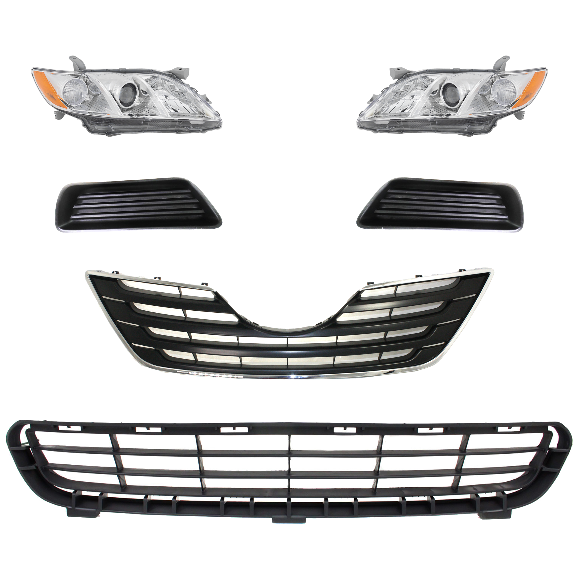 AM CAMRY 07-09 HEAD LAMP RH AND LH 6 Pc kit Lens and Housing Halogen with Bumper Grille Fog Light Cover and Grille Assembly SKU KIT 092823-111 Partslink TO2518105 TO2519105 TO1036103 TO2598103 TO2599103 TO1200289 OEM 8113006201-8117006201-53112060