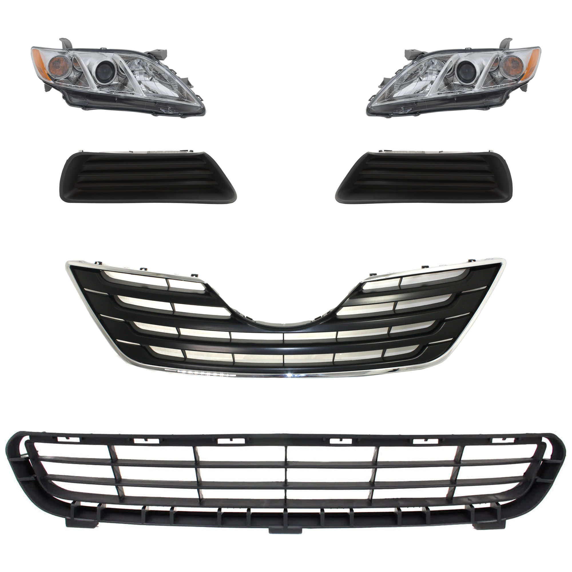 AM CAMRY 07-09 HEAD LAMP RH AND LH 6 Pc kit Assembly Halogen with Bumper Grille Fog Light Cover and Grille Assembly SKU KIT 092823-112 Partslink TO2502197 TO2503197 TO1036103 TO2598103 TO2599103 TO1200289 OEM 8111006B90-8115006B90-53112060