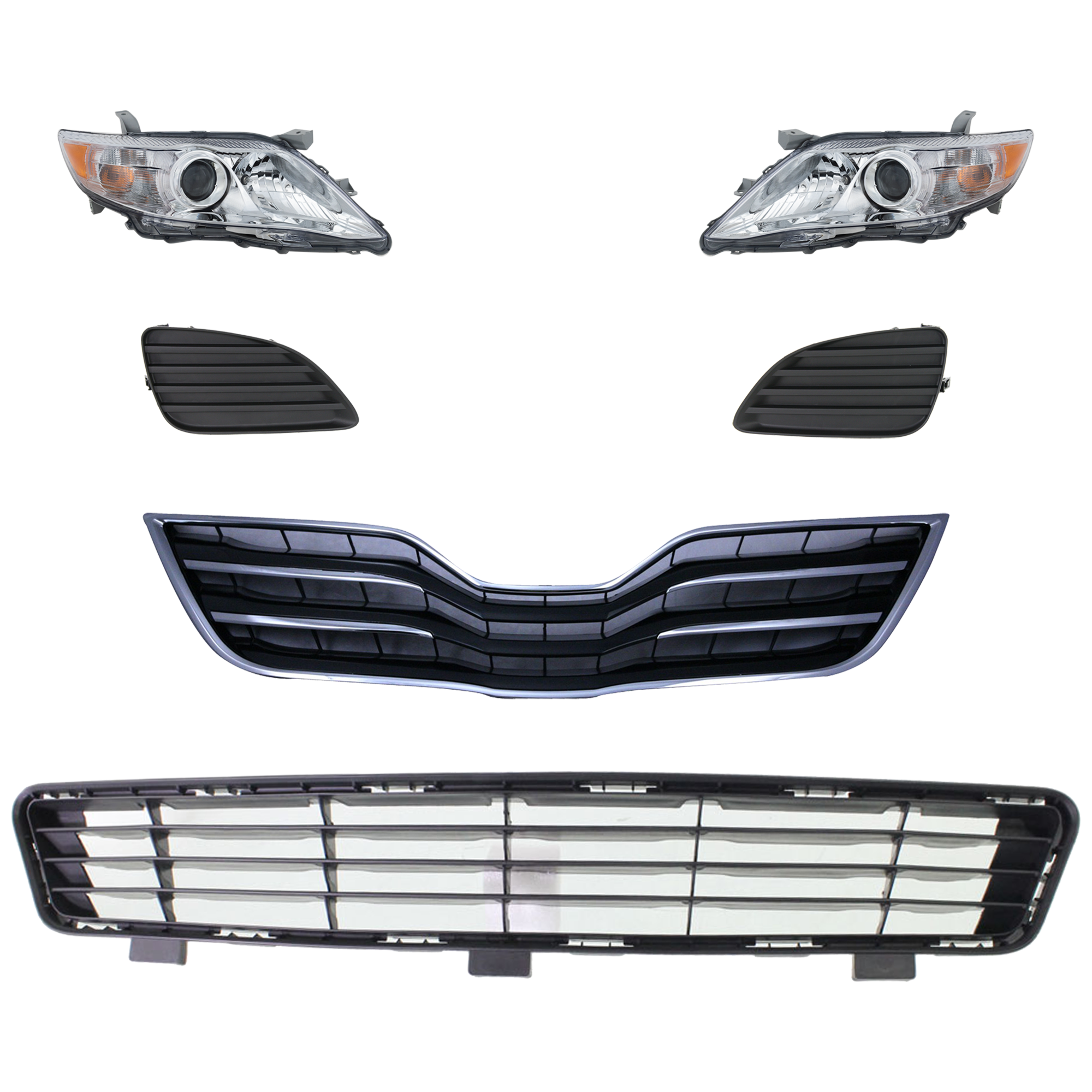 AM CAMRY 10-11 HEAD LAMP RH AND LH 6 Pc kit Assembly Halogen with Bumper Grille Fog Light Cover and Grille Assembly SKU KIT 092823-114 Partslink TO2502191 TO2503191 TO1036118 TO1038130 TO1039130 TO1200325 OEM 8111006500-8115006500-53112060
