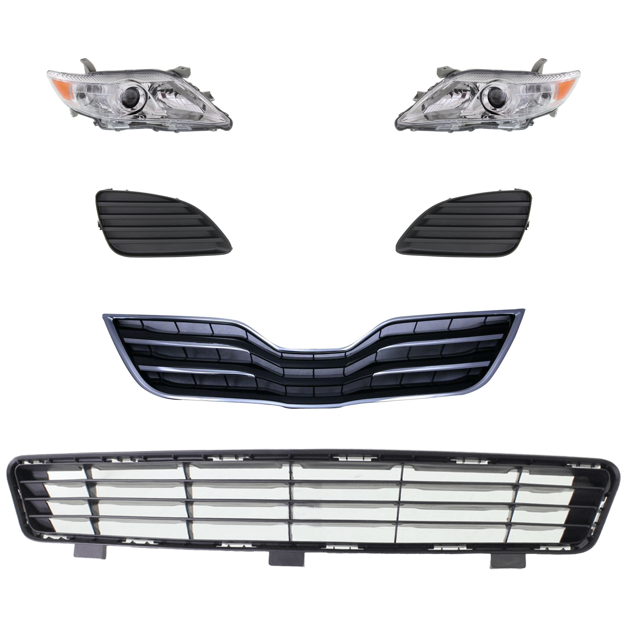 AM CAMRY 10-11 HEAD LAMP RH AND LH 6 Pc kit Lens and Housing Halogen with Bumper Grille Fog Light Cover and Grille Assembly SKU KIT 092823-115 Partslink TO2518125 TO2519125 TO1036118 TO1038130 TO1039130 TO1200325 OEM 8113033700-8117033700-53112060
