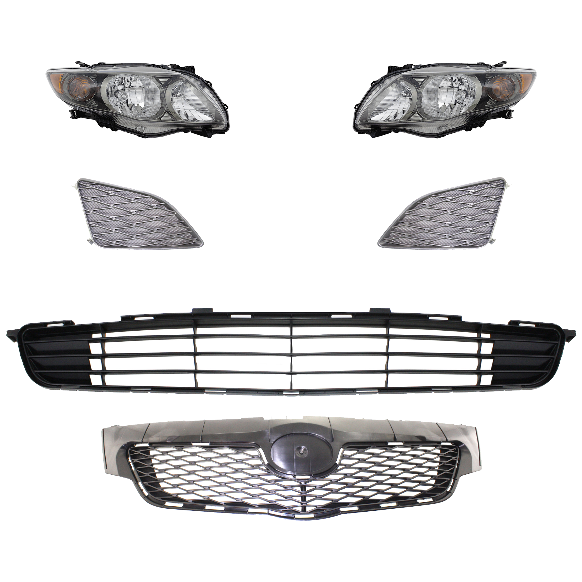 AM COROLLA 09-10 HEAD LAMP RH AND LH Assembly Halogen 6 pc Kit with Bumper Grille Fog Light Cover and Grille Assembly SKU KIT 092823-118 Partslink TO2502183 TO2503183 TO1036111 TO1038115 TO1039115 TO1200304 OEM 8111002680-8115002680-53112021