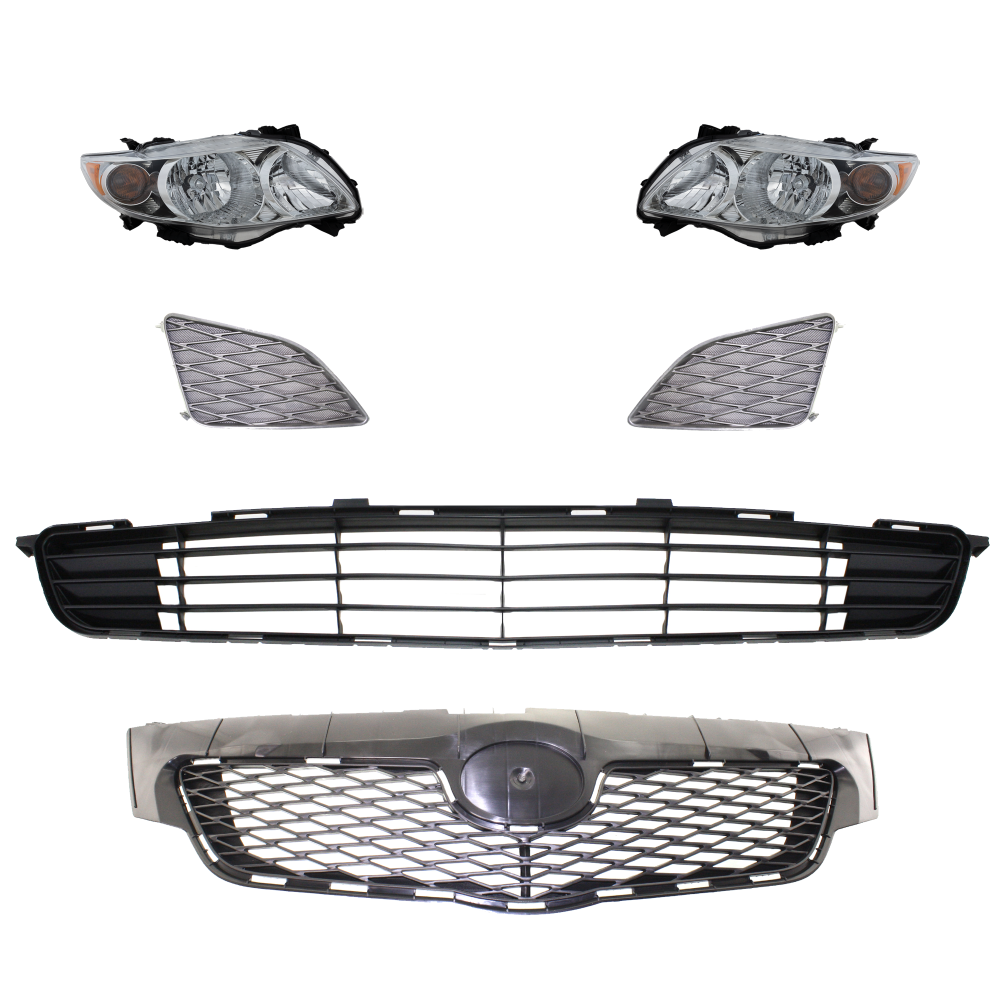 AM COROLLA 09-10 HEAD LAMP RH AND LH Assembly Halogen 6 pc Kit with Bumper Grille Fog Light Cover and Grille Assembly SKU KIT 092823-119 Partslink TO2502182 TO2503182 TO1036111 TO1038115 TO1039115 TO1200304 OEM 8111002670-8115002670-53112021