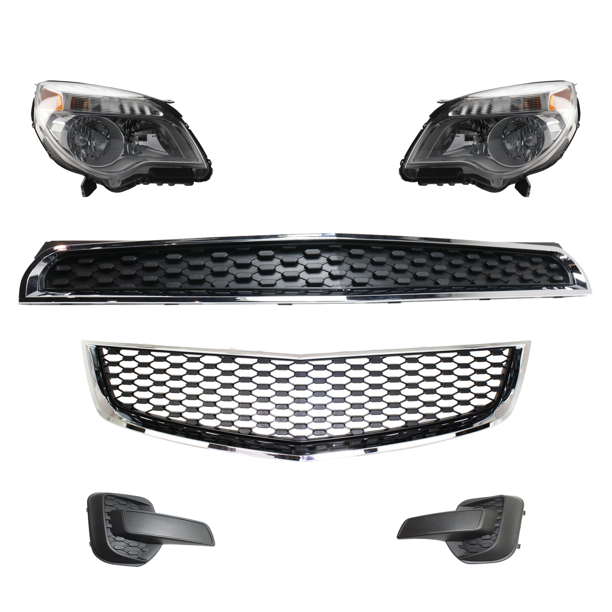 AM EQUINOX 12-15 GRILLE 6 Pc kit Textured Black with Bumper Grille Fog Light Cover and Headlight SKU KIT 092823-11 Partslink GM1200676 GM1200621 GM1038128 GM1039128 GM2502338 GM2502352 GM2503338 OEM 20882352-25798747-25798751-257