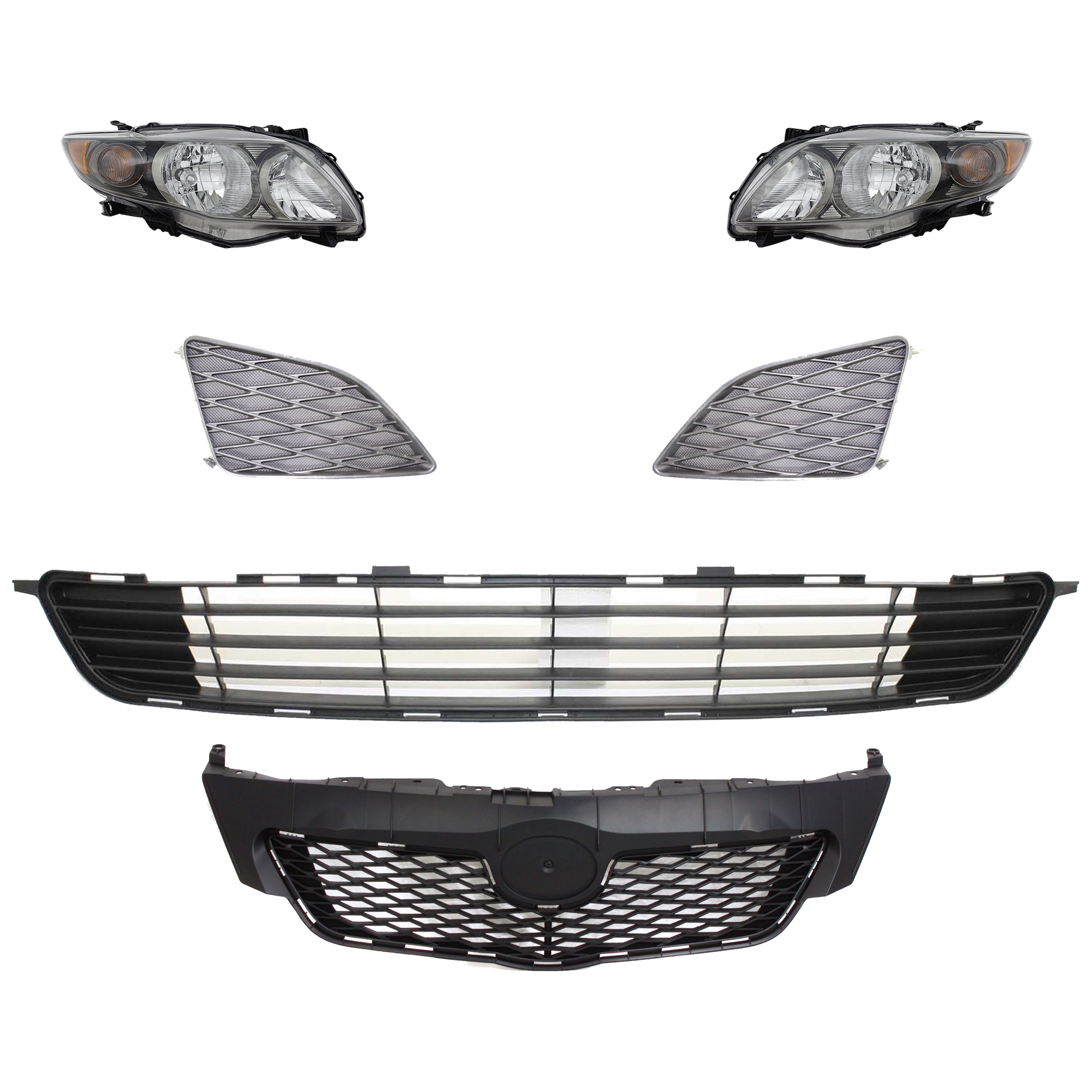 AM COROLLA 09-10 HEAD LAMP RH AND LH Assembly Halogen 6 pc Kit with Bumper Grille Fog Light Cover and Grille Assembly SKU KIT 092823-120 Partslink TO1036111C TO1038115 TO1039115 TO1200304C TO2502183C TO2503183C OEM 5311102450-5311202120-81110026