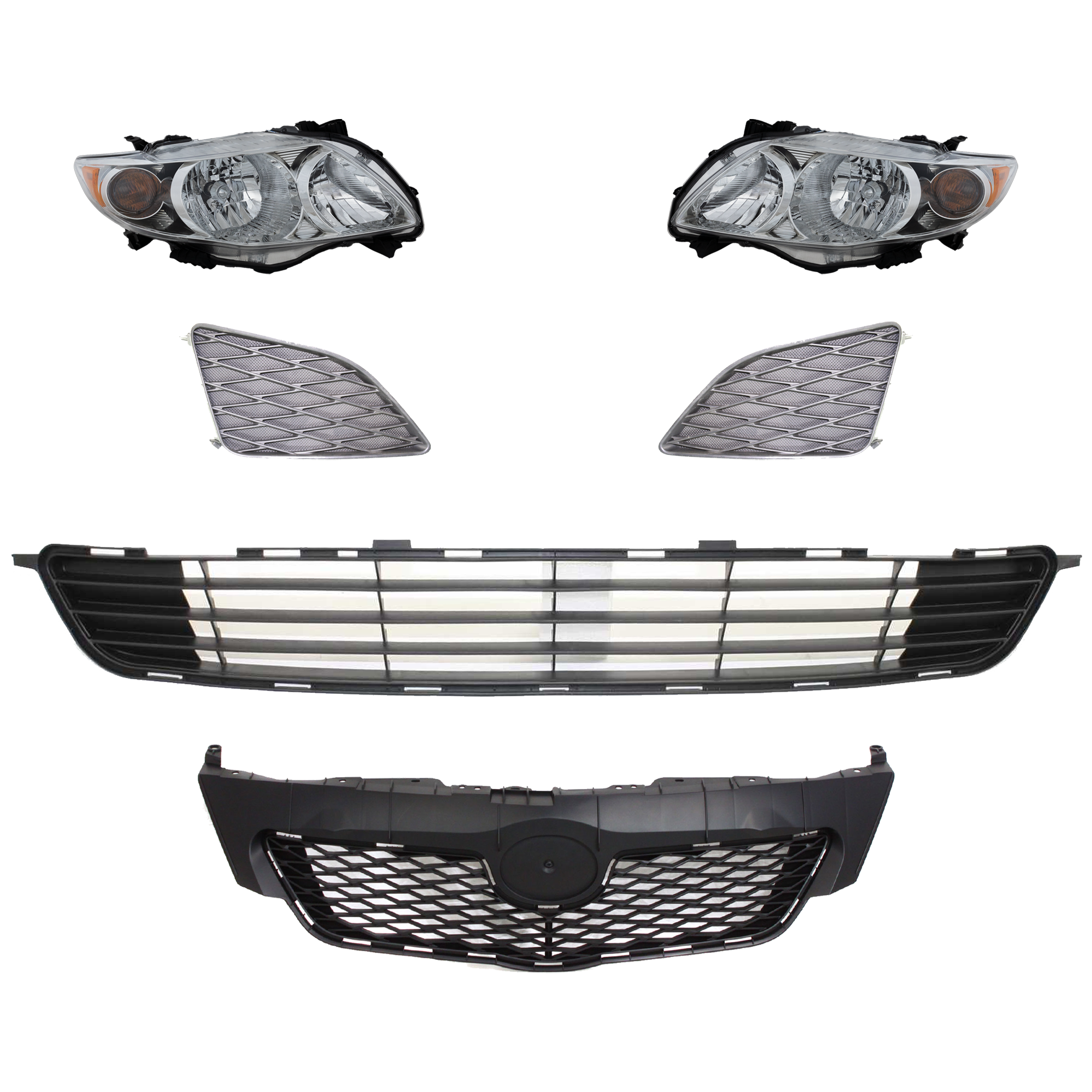 AM COROLLA 09-10 HEAD LAMP RH AND LH 6 Pc kit Assembly Halogen with Bumper Grille Fog Light Cover and Grille Assembly SKU KIT 092823-121 Partslink TO1036111C TO1038115 TO1039115 TO1200304C TO2502182C TO2503182C OEM 5311102450-5311202120-81110026