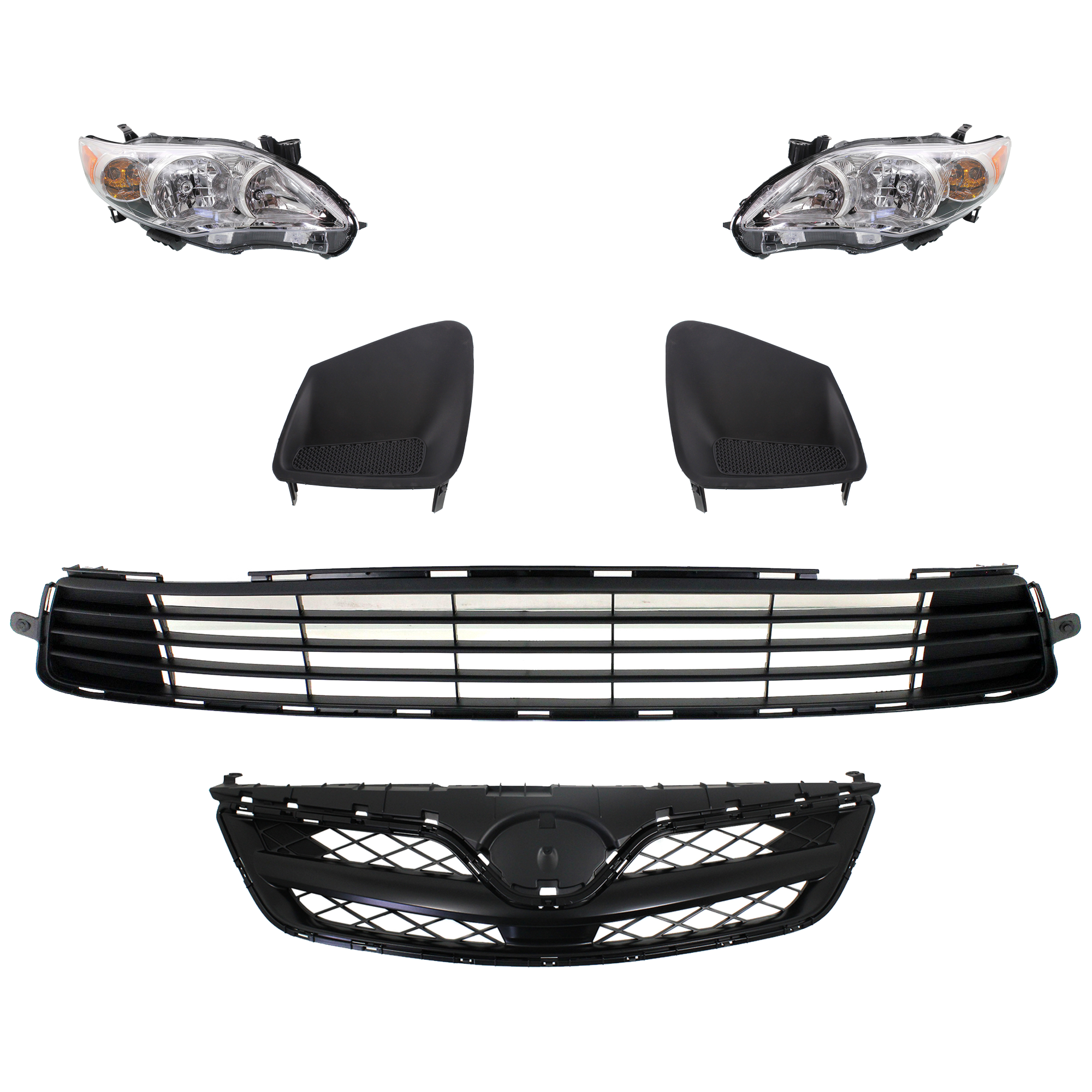 AM COROLLA 11-13 HEAD LAMP RH AND LH Assembly Halogen 6 pc kit w Bumper Grille Fog Light Cover and Grille Assembly SKU KIT 092823-122 Partslink TO2502203 TO2503203 TO1036125 TO1038141 TO1039141 TO1200340 OEM 8111002B50-8115002B50-53112022