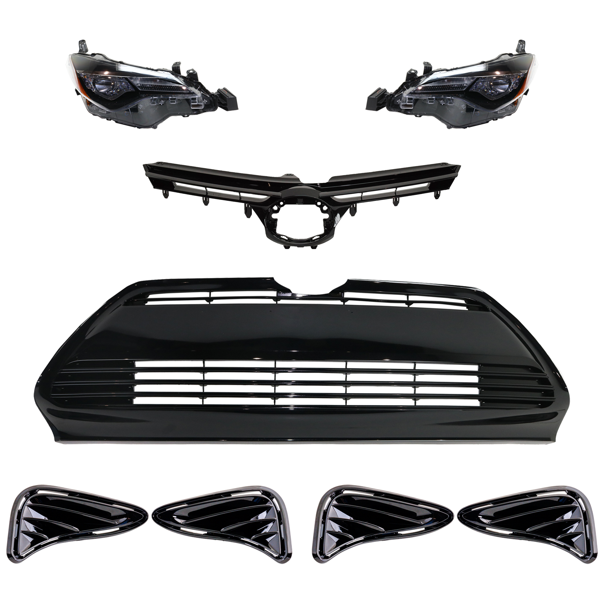 AM COROLLA 17-18 HEAD LAMP RH AND LH 6 Pc kit Assembly LED with Bumper Grille Fog Light Cover and Grille Assembly SKU KIT 092823-126 Partslink TO2502249 TO2503249 TO1036170 TO1037103 TO1200424 OEM 8111002M70-8115002M70-53112027