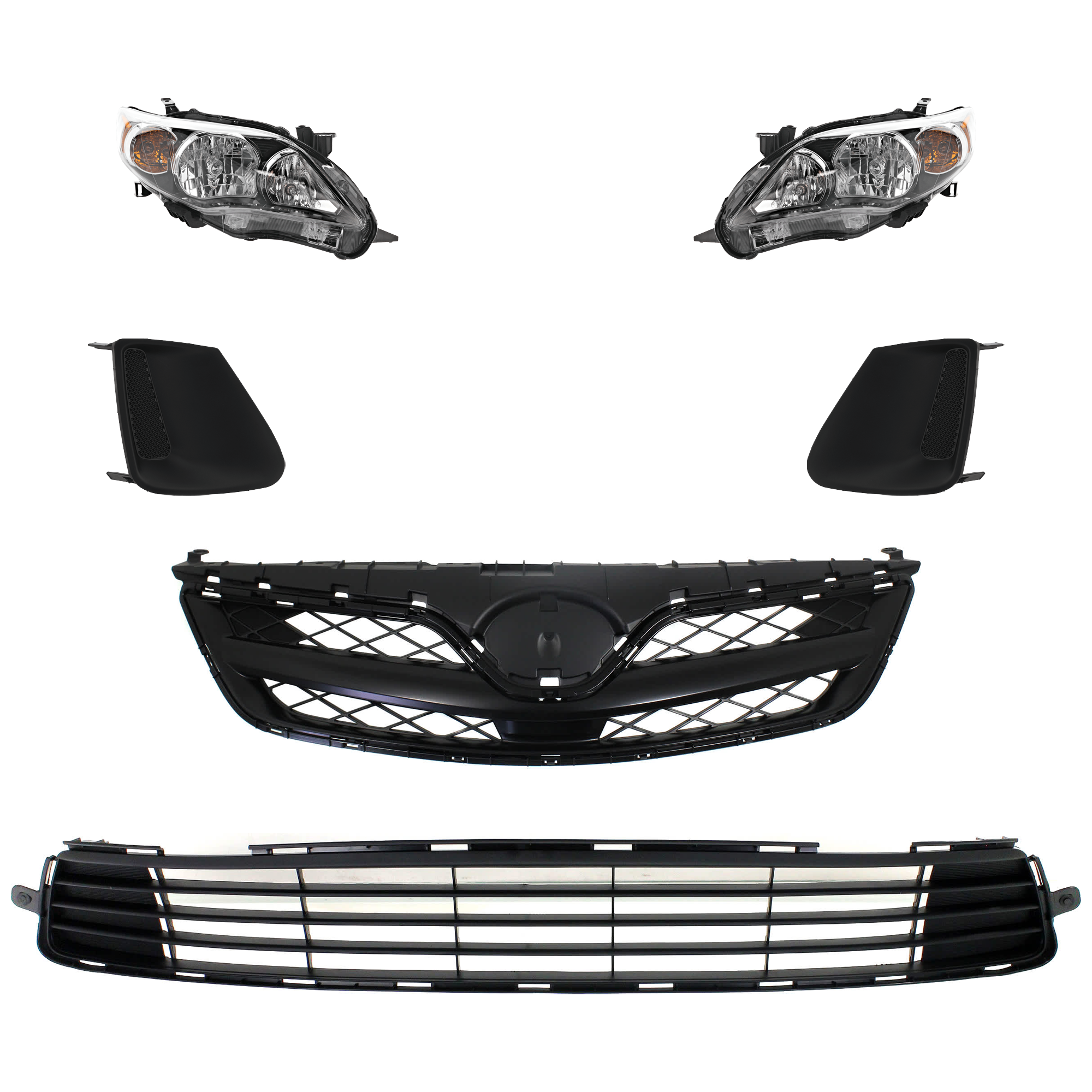 AM COROLLA 11-13 HEAD LAMP RH AND LH Assembly Halogen 6 pc kit w Bumper Grille Fog Light Cover and Grille Assembly SKU KIT 092823-127 Partslink TO2502204 TO2503204 TO1036125 TO1038141 TO1039141 TO1200340 OEM 8111002B60-8115002B60-53112022