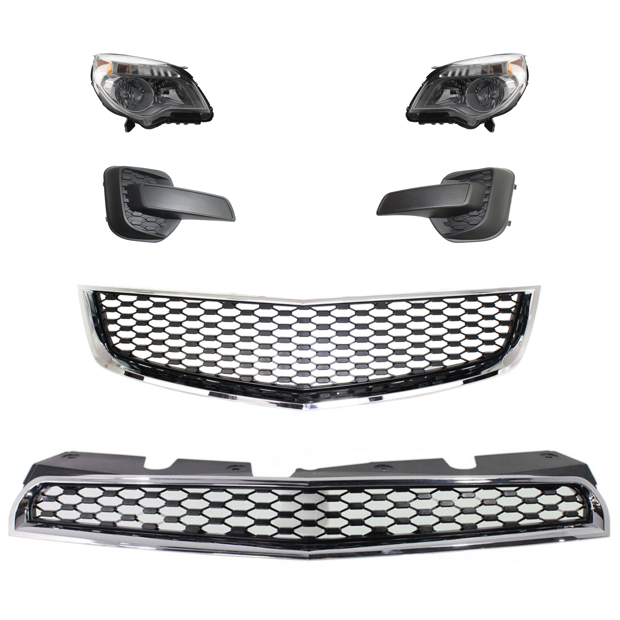 AM EQUINOX 10-15 HEAD LAMP RH AND LH 6 Pc kit Assembly Halogen with Bumper Grille Fog Light Cover and Grille Assembly SKU KIT 092823-12 Partslink GM1038128 GM1039128 GM1200621C GM1200622C GM2502338C GM2502352C GM2503338C OEM 23308253-23383340-23308254-257