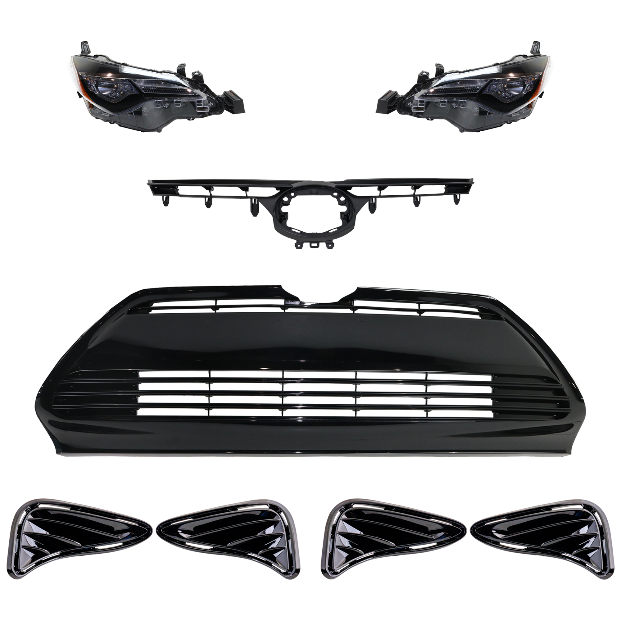 AM COROLLA 19-19 HEAD LAMP RH AND LH 6 Pc kit Assembly LED with Bumper Grille Fog Light Cover and Grille Assembly SKU KIT 092823-130 Partslink TO2502249 TO2503249 TO1036170 TO1037103 TO1200460 OEM 8111002M70-8115002M70-53112027