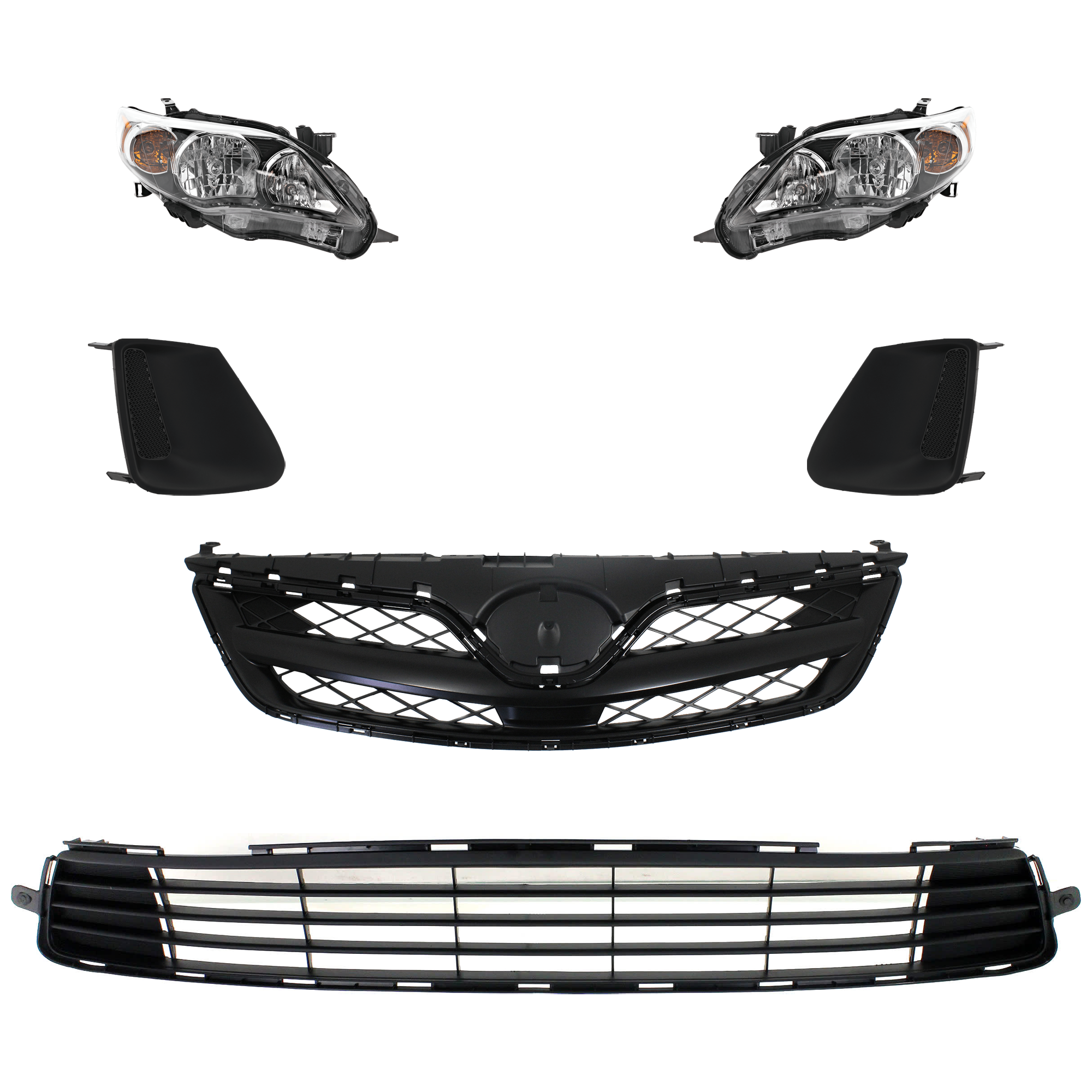 AM COROLLA 11-13 GRILLE Painted Black 6 pc kit w Bumper Grille Fog Light Cover and Headlight SKU KIT 092823-137 Partslink TO1036125C TO1038141 TO1039141 TO1200340C TO2502204C TO2503204C OEM 5310002410C0-5311202280-811100