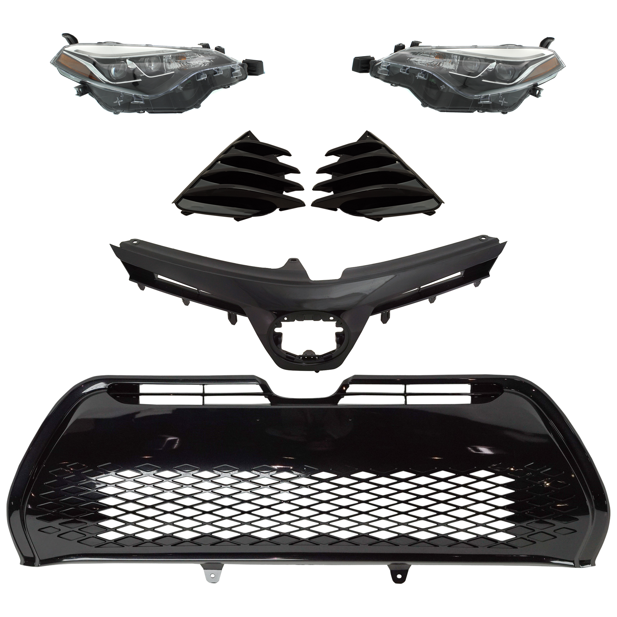 AM COROLLA 17-19 HEAD LAMP RH AND LH 6 Pc kit Assembly Halogen with Bumper Grille Fog Light Cover and Grille Assembly SKU KIT 092823-142 Partslink TO2502250 TO2503250 TO1036178 TO1037101 TO1200423 OEM 8111002M90-8115002M90-53112027