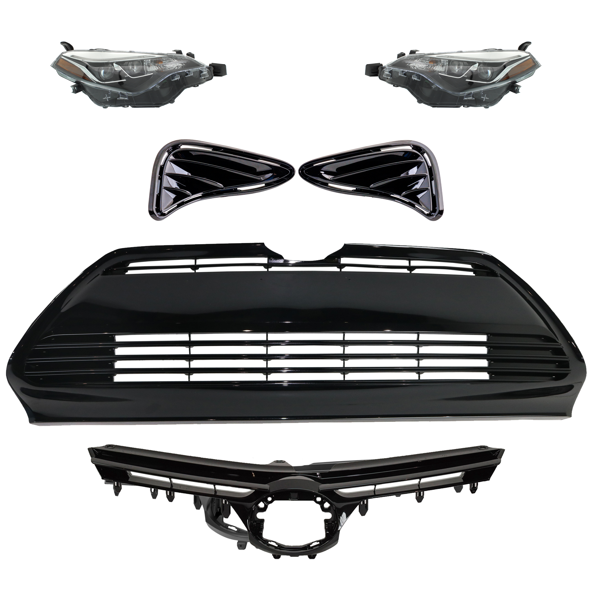 AM COROLLA 17-18 HEAD LAMP RH AND LH 6 Pc kit Assembly Halogen with Bumper Grille Fog Light Cover and Grille Assembly SKU KIT 092823-143 Partslink TO2502250 TO2503250 TO1036170 TO1037103 TO1200424 OEM 8111002M90-8115002M90-53112027