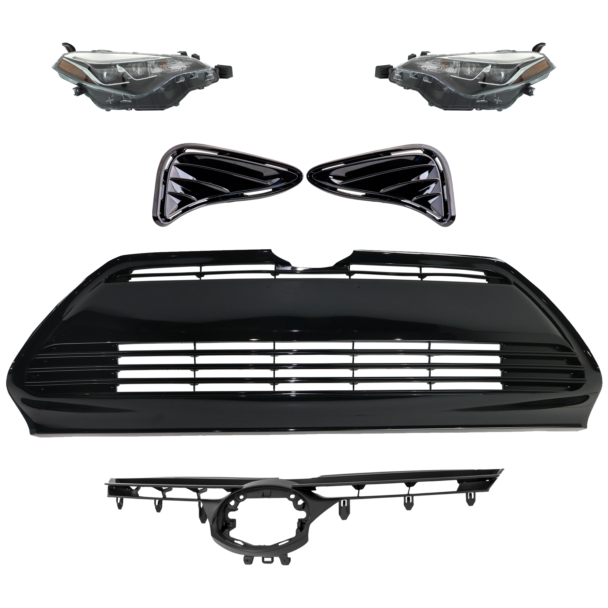 AM COROLLA 19-19 HEAD LAMP RH AND LH 6 Pc kit Assembly Halogen with Bumper Grille Fog Light Cover and Grille Assembly SKU KIT 092823-144 Partslink TO2502250 TO2503250 TO1036170 TO1037103 TO1200460 OEM 8111002M90-8115002M90-53112027