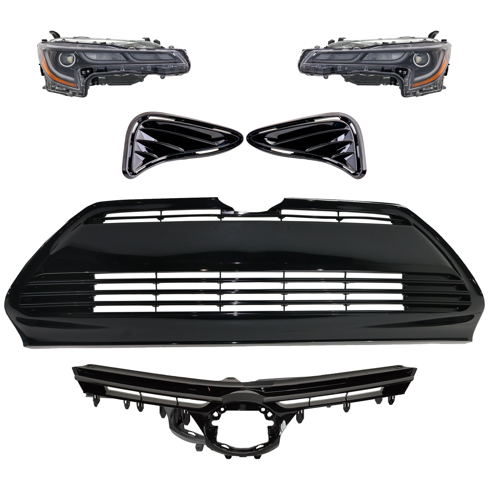 AM COROLLA 19-19 HEAD LAMP RH AND LH 6 Pc kit Assembly LED with Bumper Grille Fog Light Cover and Grille Assembly SKU KIT 092823-145 Partslink TO2502272 TO2503272 TO1036170 TO1037103 TO1200460 OEM 8113012L00-8117012L00-53112027