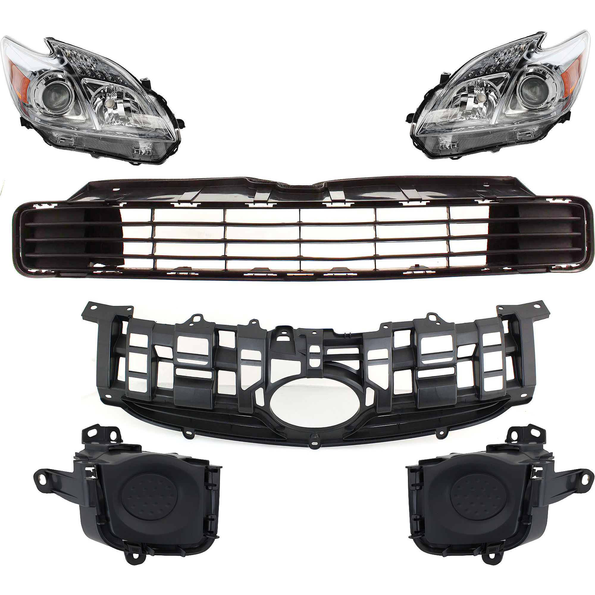 AM PRIUS 10-11 HEAD LAMP RH AND LH 6 Pc kit Lens and Housing Halogen with Bumper Grille Fog Light Cover and Grille Assembly SKU KIT 092823-148 Partslink TO2518122 TO2519122 TO1036122 TO1038135 TO1039135 TO1200318 OEM 8113047211-8117047211-53112470
