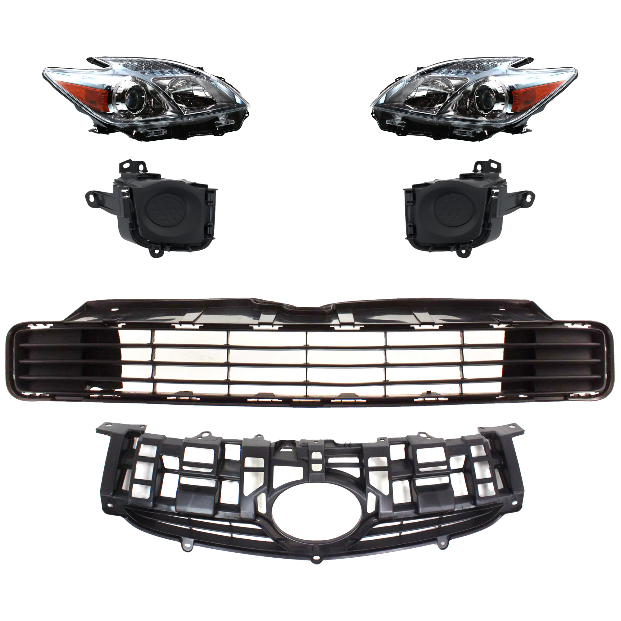 AM PRIUS 10-11 HEAD LAMP RH AND LH 6 Pc kit Lens and Housing Halogen with Bumper Grille Fog Light Cover and Grille Assembly SKU KIT 092823-149 Partslink TO1036122C TO1038135 TO1039135 TO1200318C TO2518122C TO2519122C OEM 5311147020-5311247040-81130472
