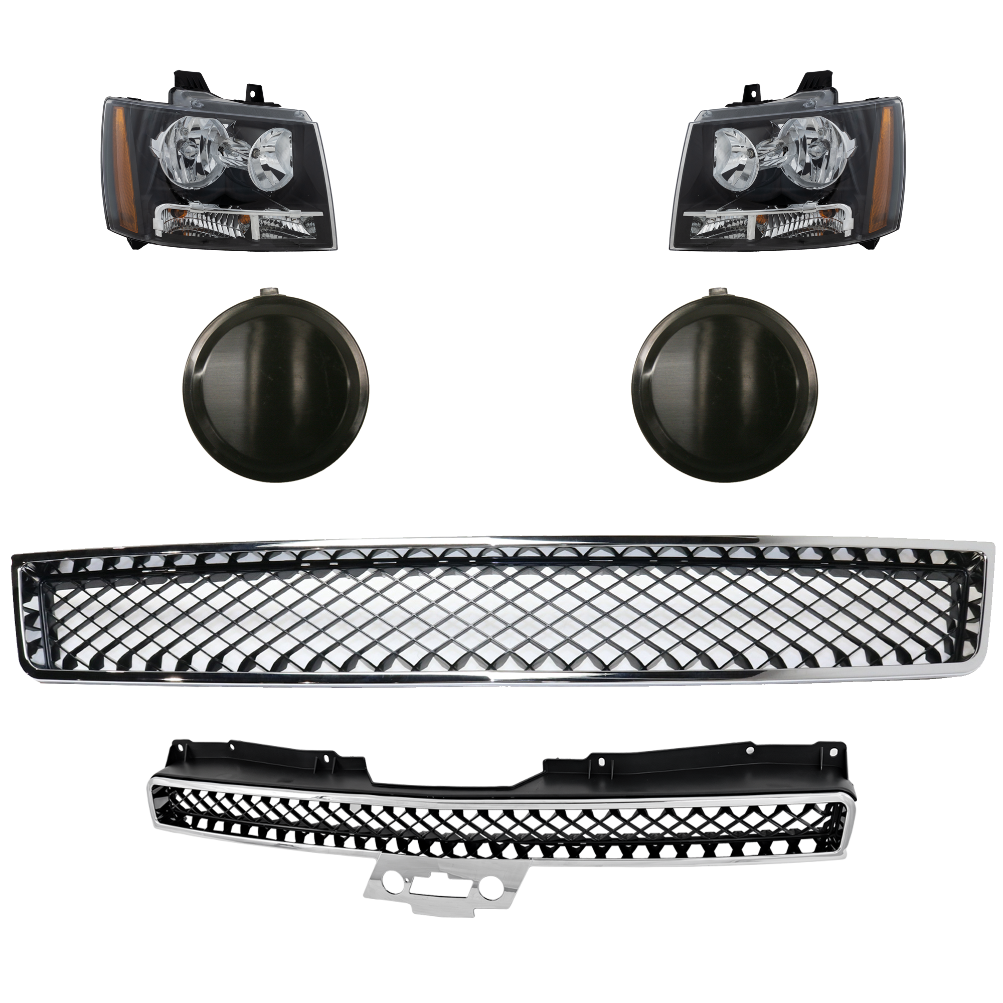 AM AVALANCHE 07-13 TAHOE 07-14 HEAD LAMP RH AND LH 6 Pc kit Assembly Halogen with Bumper Grille Fog Light Cover and Grille Assembly SKU KIT 092823-14 Partslink GM2502263 GM2503263 GM1200553 GM1038110 GM1200563 OEM 22853025-22853026-15835084-158