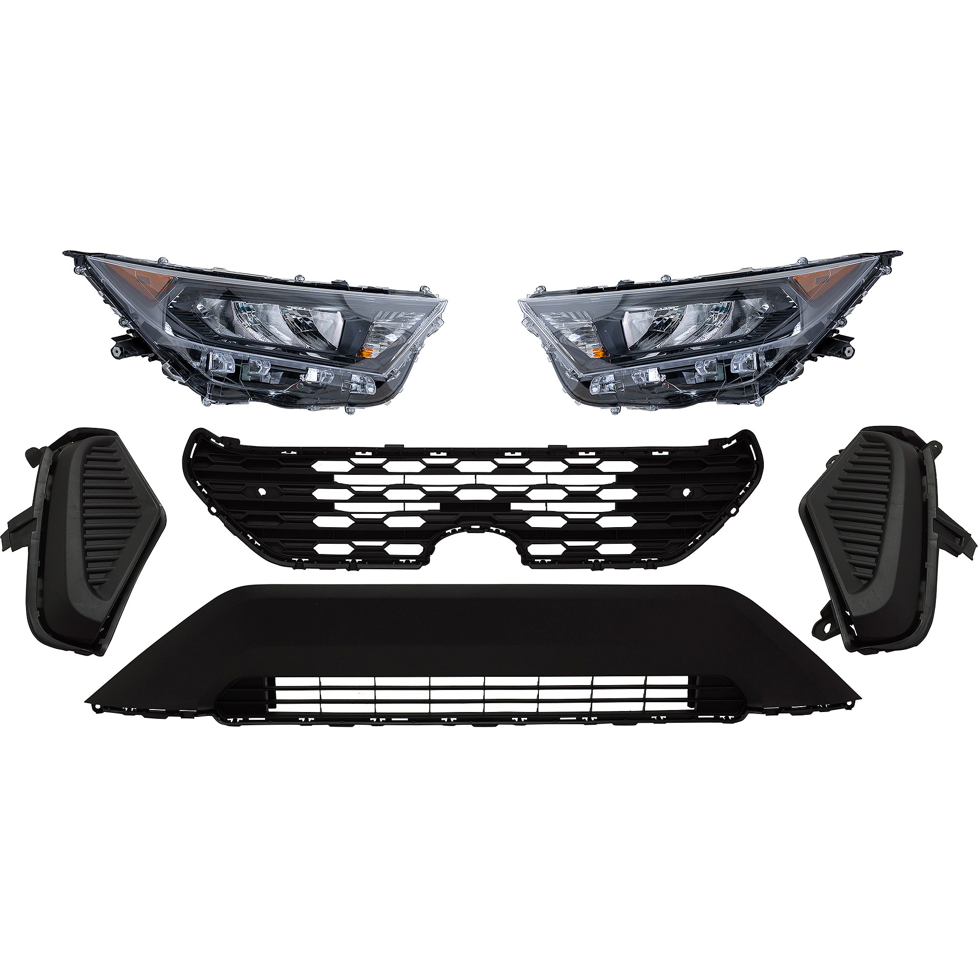 AM RAV4-19-21 HEAD LAMP RH AND LH 6 Pc kit Assembly LED with Bumper Grille Fog Light Cover and Grille Assembly SKU KIT 092823-150 Partslink TO2502274 TO2503274 TO1036203 TO1038225 TO1039225 TO1200439 OEM 811100R150-811100R152-811500R1