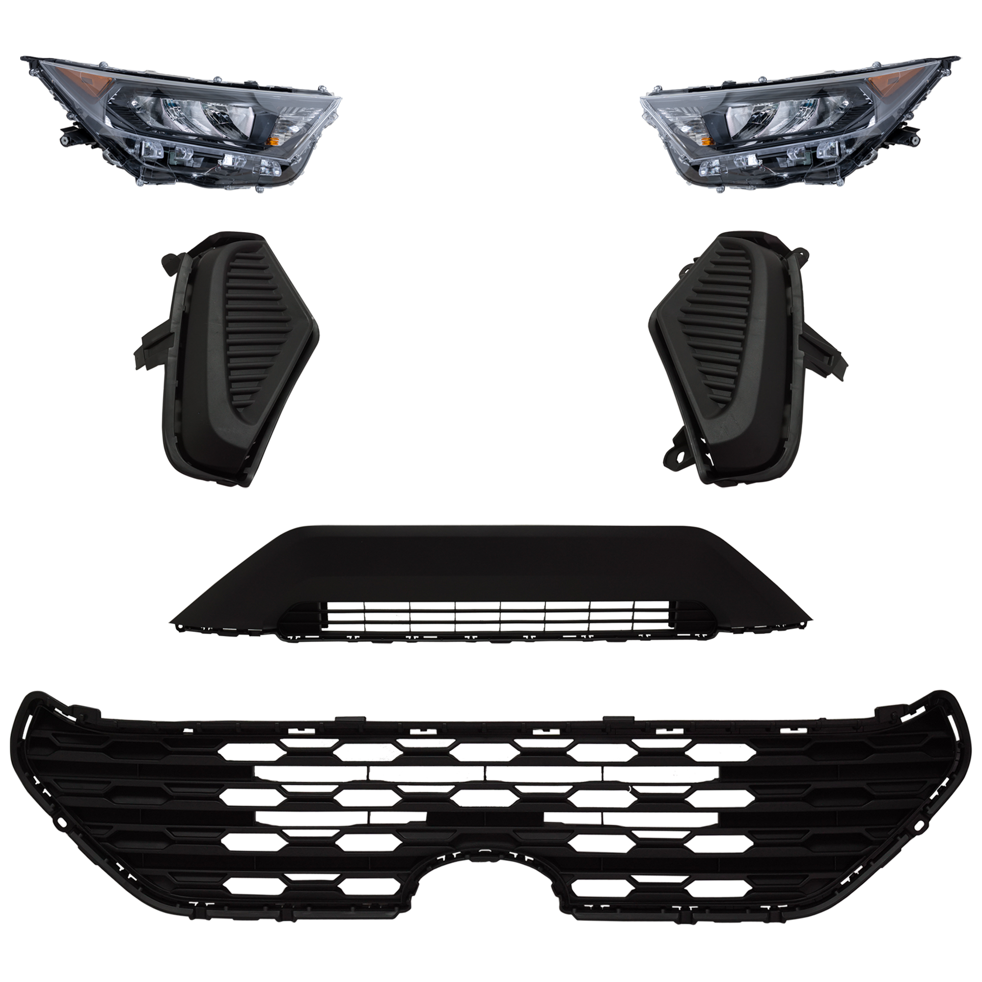 AM RAV4-19-21 HEAD LAMP RH AND LH 6 Pc kit Assembly LED with Bumper Grille Fog Light Cover and Grille Assembly SKU KIT 092823-151 Partslink TO2502274 TO2503274 TO1036203 TO1038225 TO1039225 TO1200438 OEM 811100R150-811100R152-811500R1