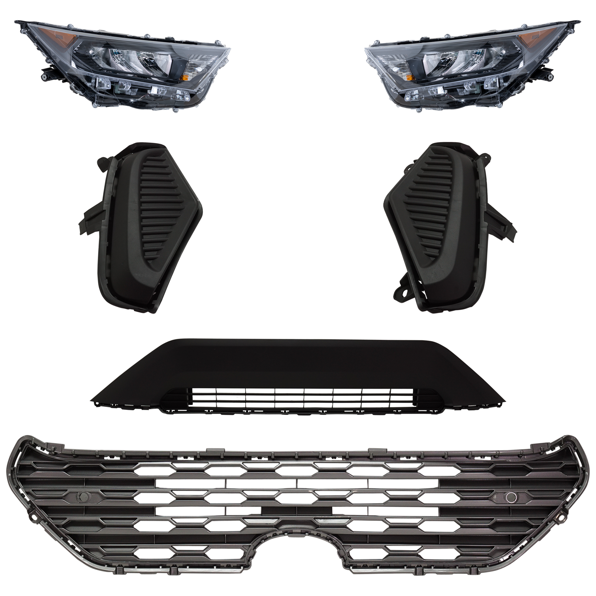 AM RAV4-19-21 HEAD LAMP RH AND LH 6 Pc kit Assembly LED with Bumper Grille Fog Light Cover and Grille Assembly SKU KIT 092823-152 Partslink TO2502274 TO2503274 TO1036203 TO1038225 TO1039225 TO1200440 OEM 811100R150-811100R152-811500R1