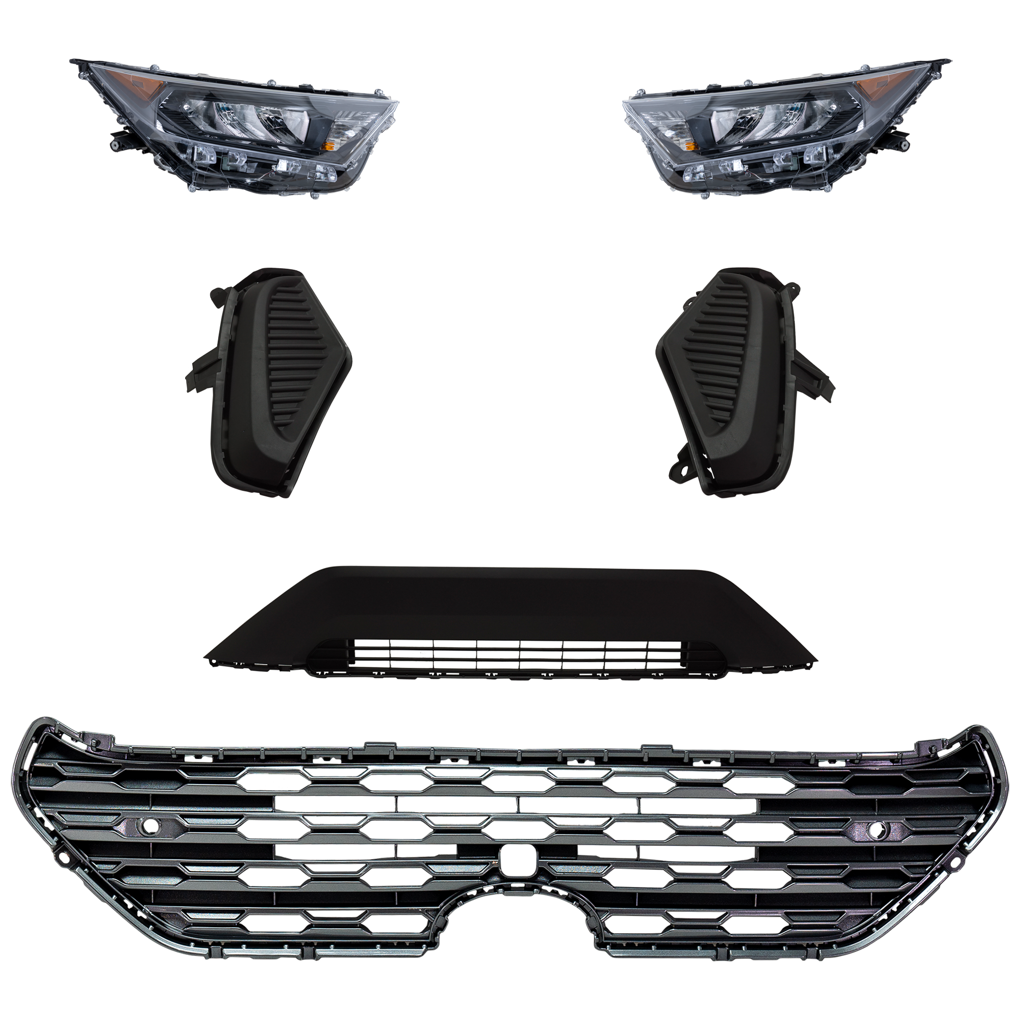 AM RAV4-19-21 HEAD LAMP RH AND LH 6 Pc kit Assembly LED with Bumper Grille Fog Light Cover and Grille Assembly SKU KIT 092823-153 Partslink TO2502274 TO2503274 TO1036203 TO1038225 TO1039225 TO1200441 OEM 811100R150-811100R152-811500R1