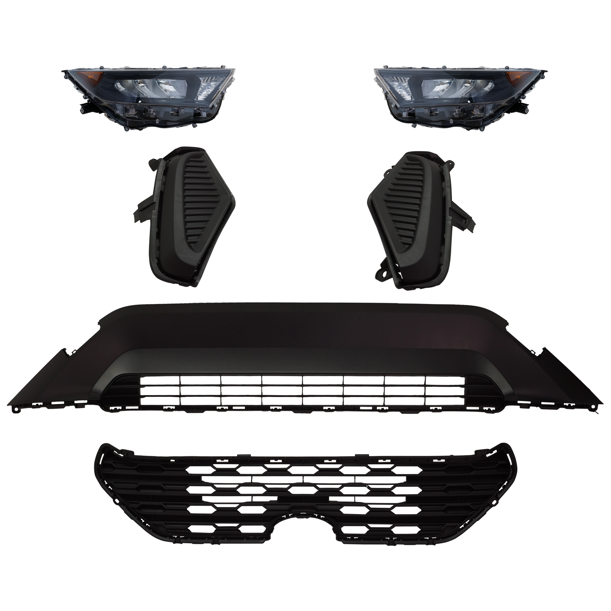 AM RAV4-19-21 HEAD LAMP RH AND LH 6 Pc kit Assembly LED with Bumper Grille Fog Light Cover and Grille Assembly SKU KIT 092823-155 Partslink TO2518200 TO2519200 TO1036209 TO1038225 TO1039225 TO1200438 OEM 8-113-042-821-811-300-000-000-000-000