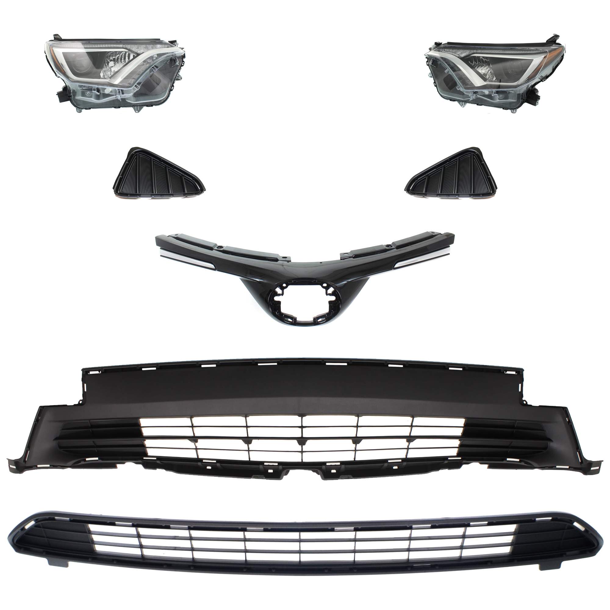 AM RAV4-16-18 HEAD LAMP RH AND LH 7 Pc kit Lens and Housing Halogen with Bumper Grille Fog Light Cover and Grille Assembly SKU KIT 092823-157 Partslink TO2518189 TO2519189 TO1036166 TO1036169 TO1038191 TO1039191 TO1200406 OEM 8113042640-8117042640-531130R0