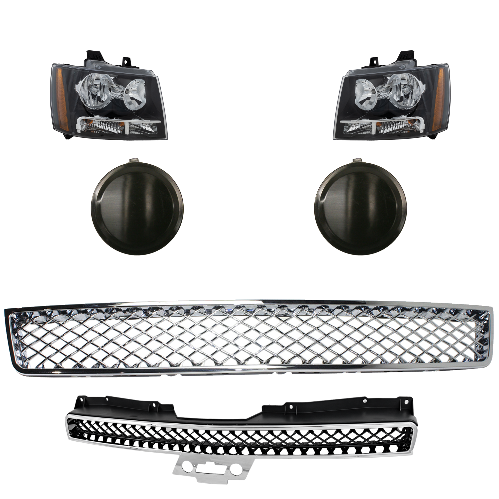 AM AVALANCHE 07-13 TAHOE 07-14 HEAD LAMP RH AND LH 6 Pc kit Assembly Halogen with Bumper Grille Fog Light Cover and Grille Assembly SKU KIT 092823-15 Partslink GM2502263 GM2503263 GM1200609 GM1038110 GM1200563 OEM 22853025-22853026-15944326-158