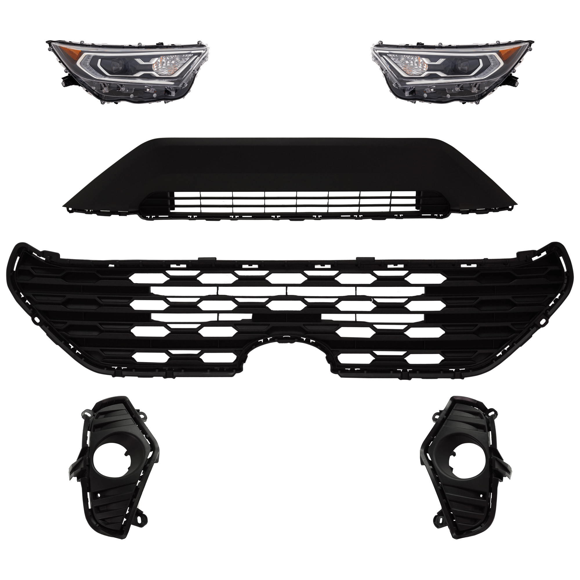 AM RAV4-19-21 HEAD LAMP RH AND LH 6 Pc kit Assembly LED with Bumper Grille Fog Light Cover and Grille Assembly SKU KIT 092823-161 Partslink TO2502292 TO2503292 TO1036203 TO1038223 TO1039223 TO1200438 OEM 811100R162-811500R162-531130R0