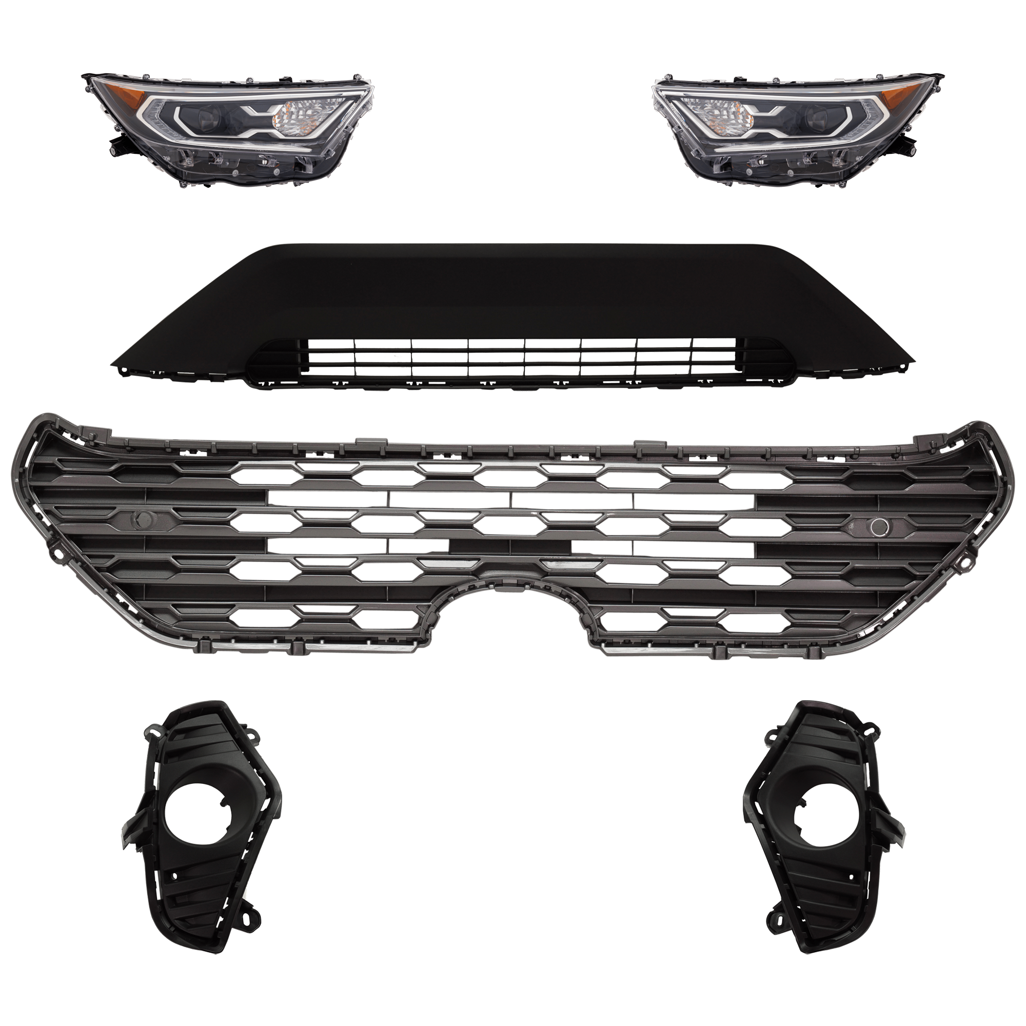 AM RAV4-19-21 HEAD LAMP RH AND LH 6 Pc kit Assembly LED with Bumper Grille Fog Light Cover and Grille Assembly SKU KIT 092823-162 Partslink TO2502292 TO2503292 TO1036203 TO1038223 TO1039223 TO1200440 OEM 811100R162-811500R162-531130R0