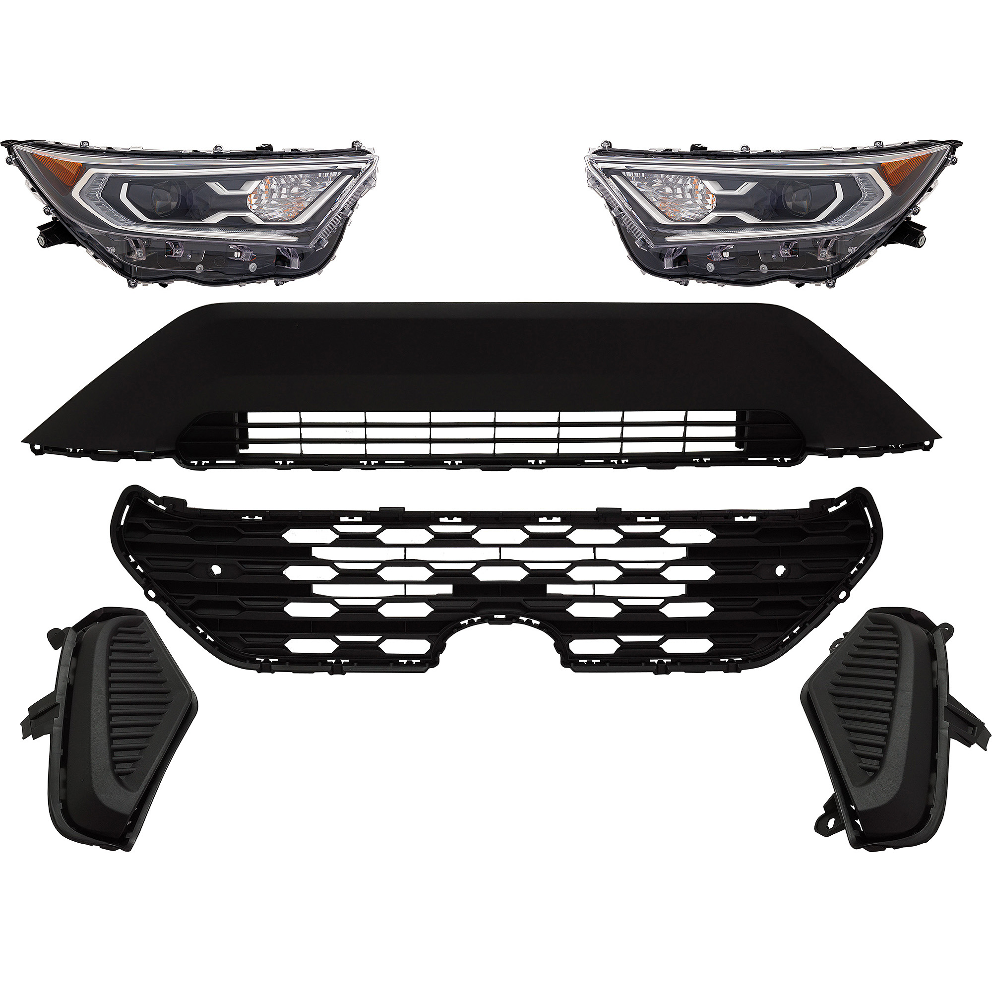 AM RAV4-19-21 HEAD LAMP RH AND LH 6 Pc kit Assembly LED with Bumper Grille Fog Light Cover and Grille Assembly SKU KIT 092823-165 Partslink TO2502292 TO2503292 TO1036203 TO1038225 TO1039225 TO1200439 OEM 811100R162-811500R162-531130R0