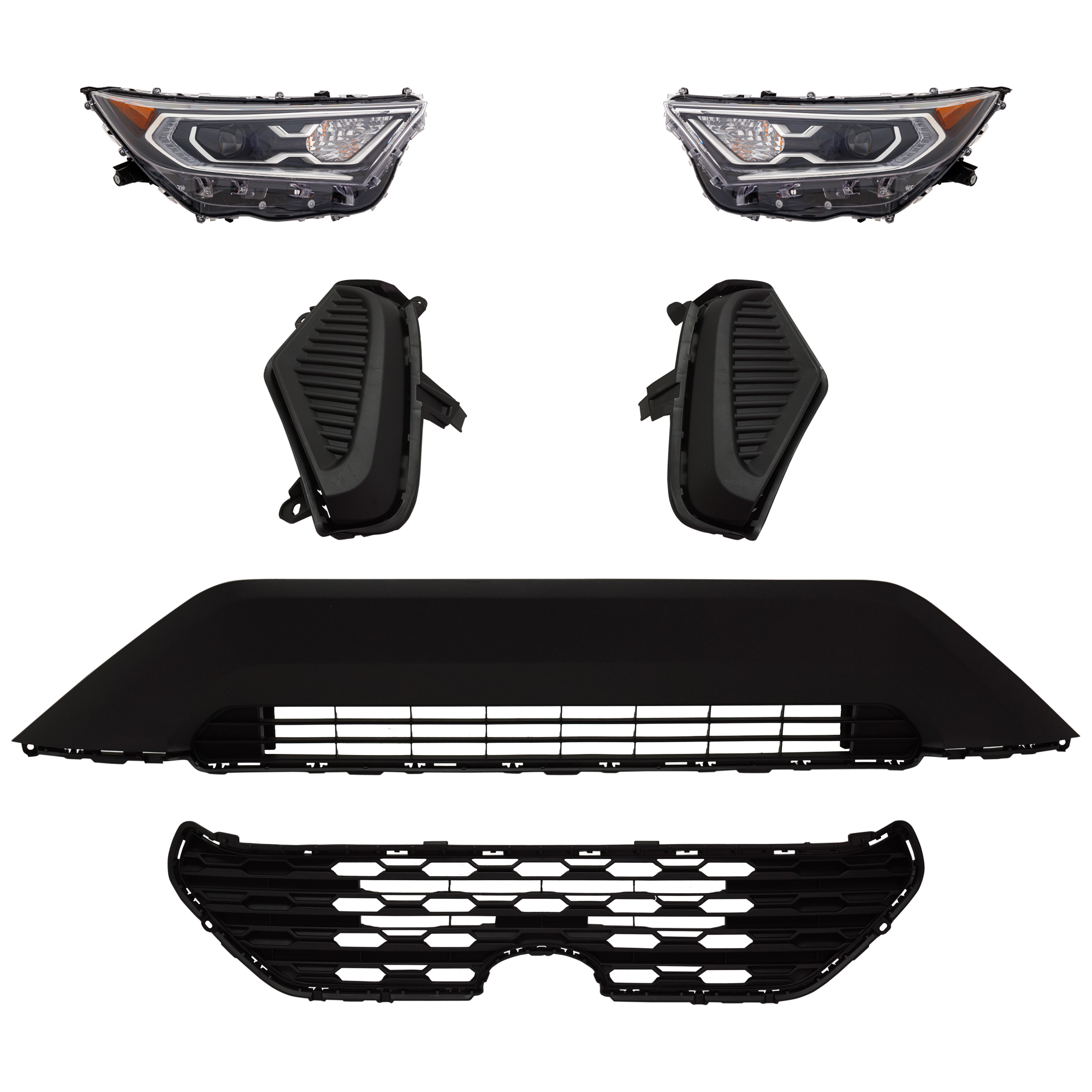 AM RAV4-19-21 HEAD LAMP RH AND LH 6 Pc kit Assembly LED with Bumper Grille Fog Light Cover and Grille Assembly SKU KIT 092823-166 Partslink TO2502292 TO2503292 TO1036203 TO1038225 TO1039225 TO1200438 OEM 811100R162-811500R162-531130R0