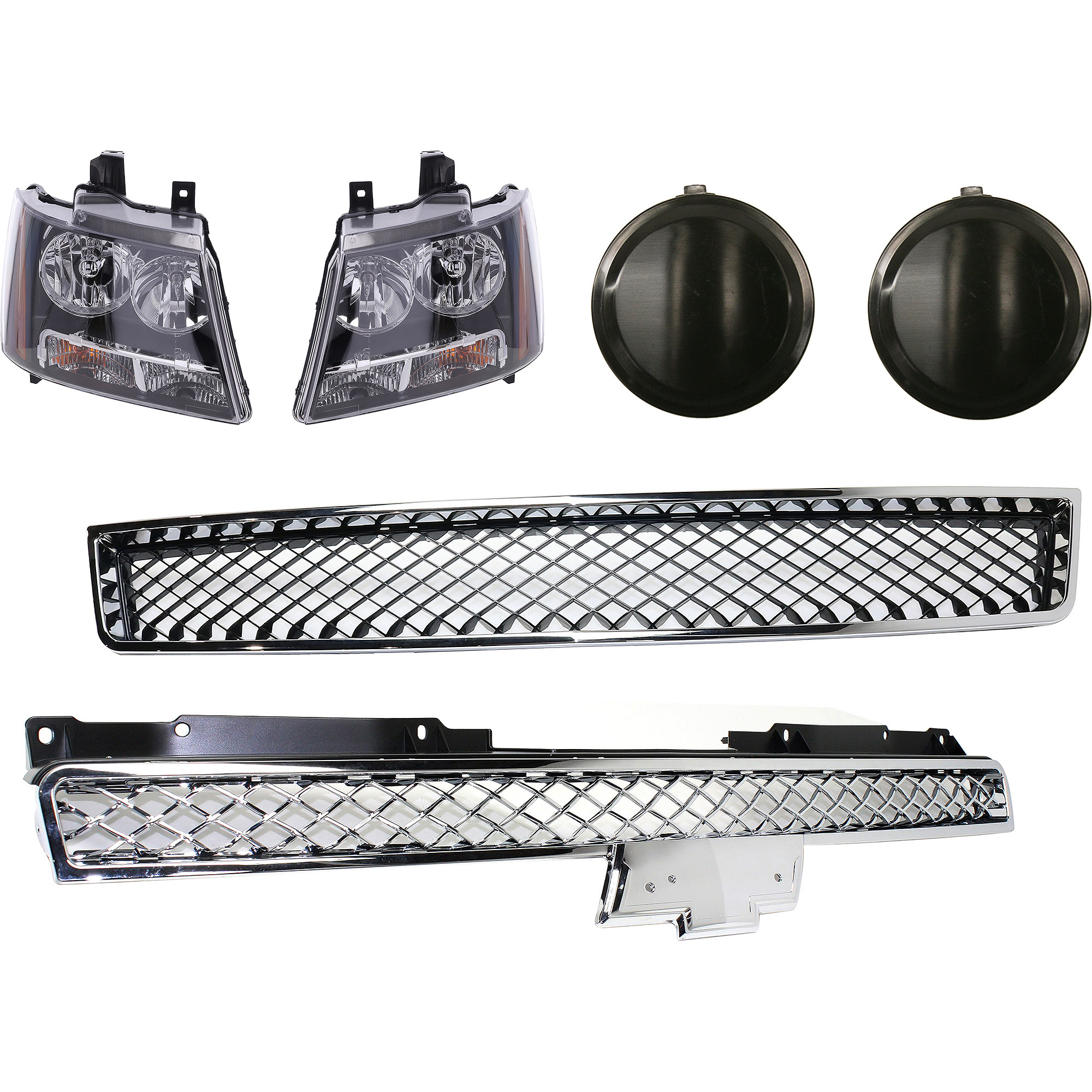 AM AVALANCHE 07-13 TAHOE 07-14 GRILLE Upper 6 Pc kit Polished with Bumper Grille Fog Light Cover and Headlight SKU KIT 092823-16 Partslink GM1200553 GM1038110 GM2502263 GM2503263 OEM 15835084-15817527-22853025-228