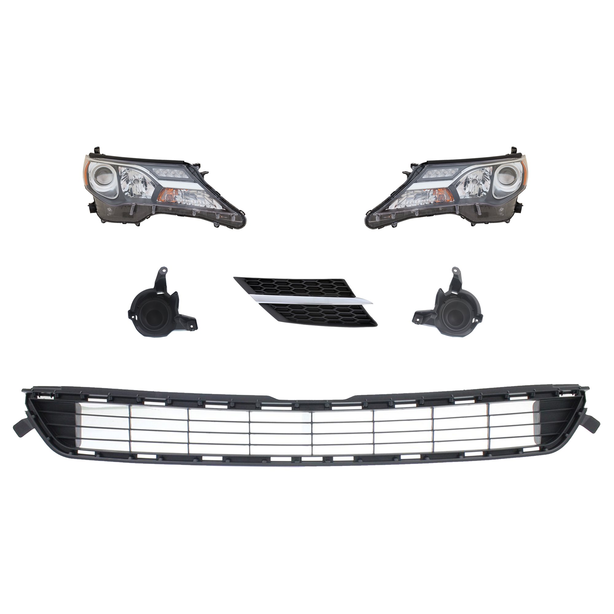 AM RAV4-13-15 HEAD LAMP RH AND LH 6 Pc kit Assembly Halogen with Bumper Grille Fog Light Cover and Grille Assembly SKU KIT 092823-171 Partslink TO2502217 TO2503217 TO1036141 TO1038167 TO1039167 TO1200361 OEM 811100R042-811500R042-531120R0
