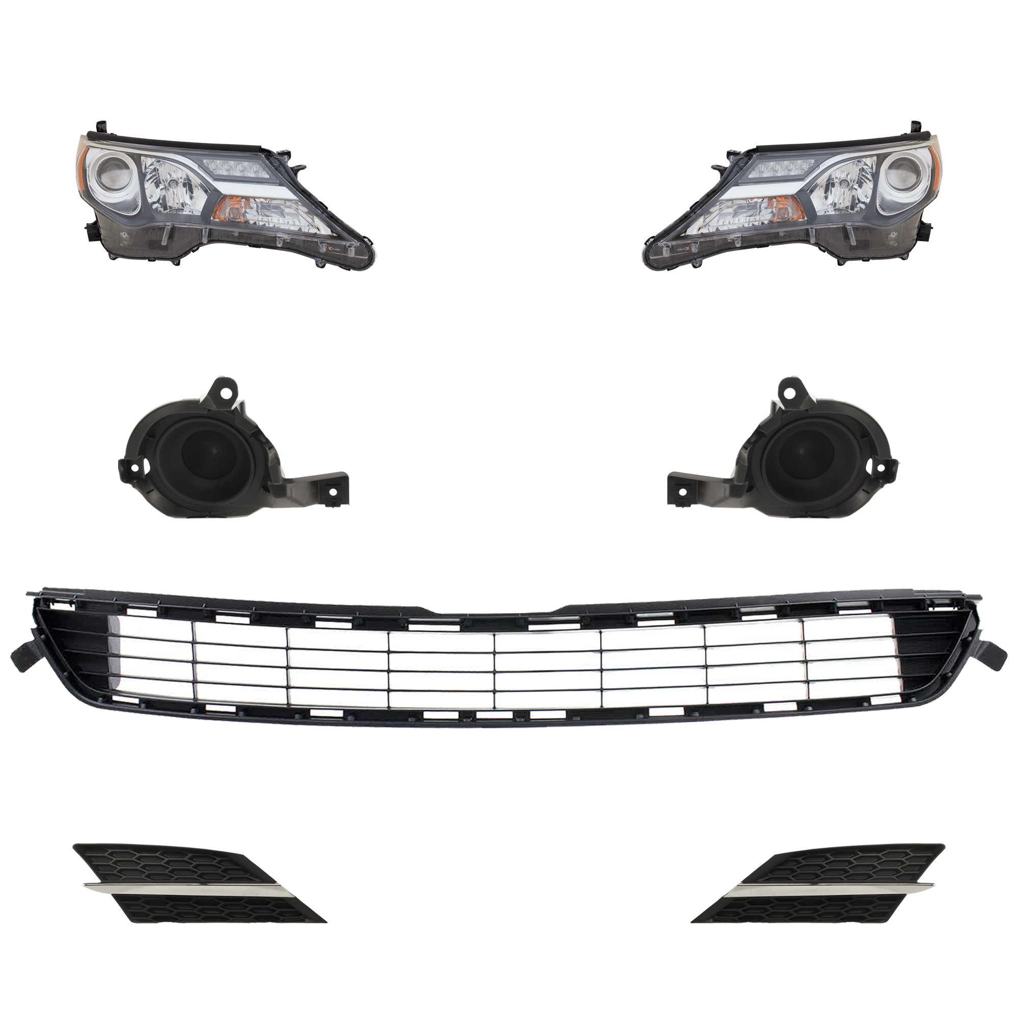 AM RAV4-13-15 HEAD LAMP RH AND LH 6 Pc kit Assembly Halogen with Bumper Grille Fog Light Cover and Grille Assembly SKU KIT 092823-172 Partslink TO2502217 TO2503217 TO1036141 TO1038167 TO1039167 TO1200360 OEM 811100R042-811500R042-531120R0