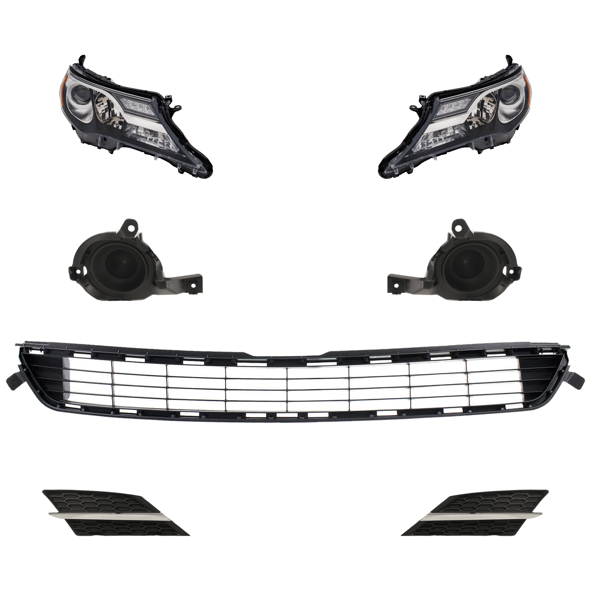 AM RAV4-13-15 HEAD LAMP RH AND LH 6 Pc kit Lens and Housing Halogen with Bumper Grille Fog Light Cover and Grille Assembly SKU KIT 092823-173 Partslink TO2518147 TO2519147 TO1038167 TO1039167 TO1200361 OEM 8113042592-8117042592-53112420