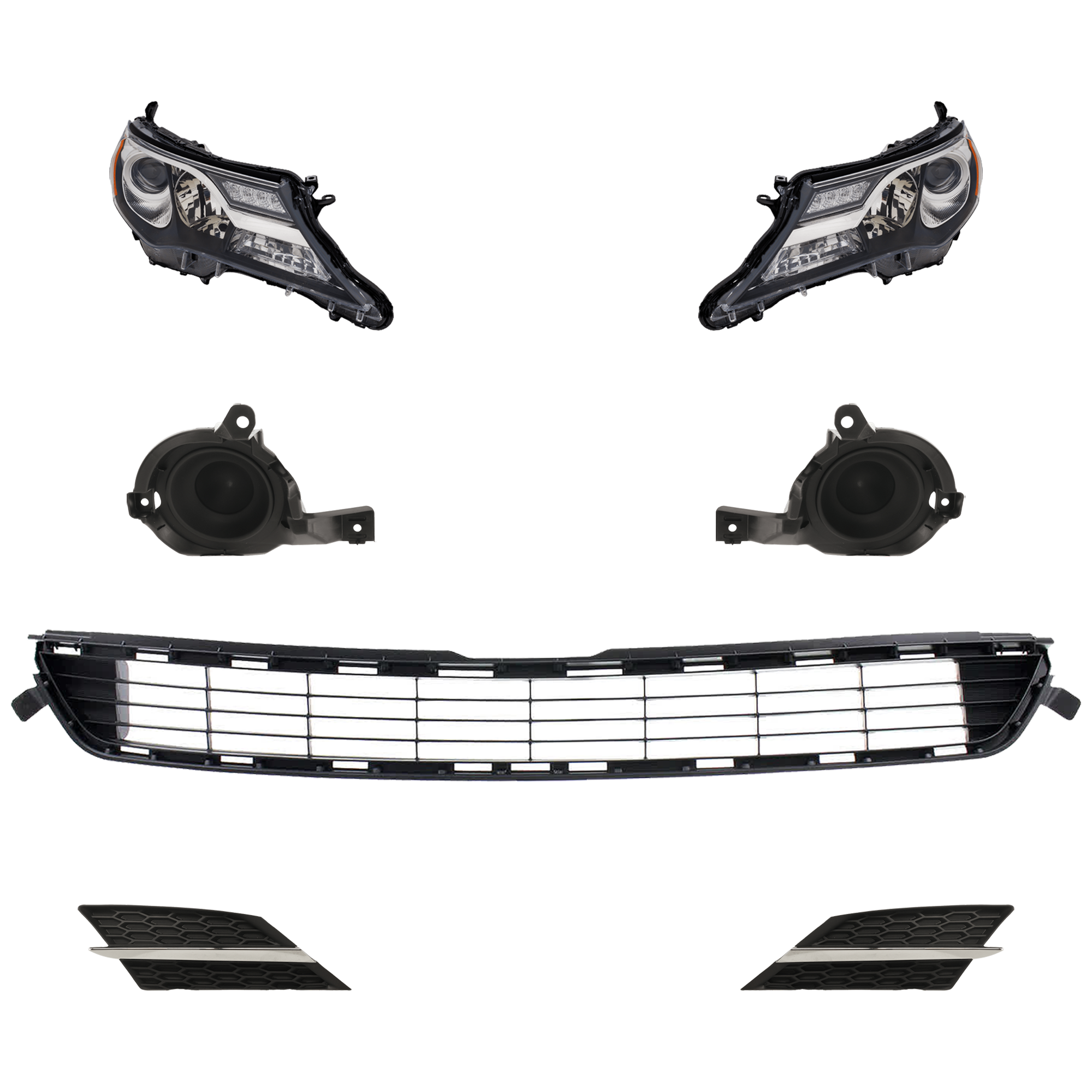 AM RAV4-13-15 HEAD LAMP RH AND LH 6 Pc kit Lens and Housing Halogen with Bumper Grille Fog Light Cover and Grille Assembly SKU KIT 092823-174 Partslink TO2518147 TO2519147 TO1038167 TO1039167 TO1200360 OEM 8113042592-8117042592-53112420