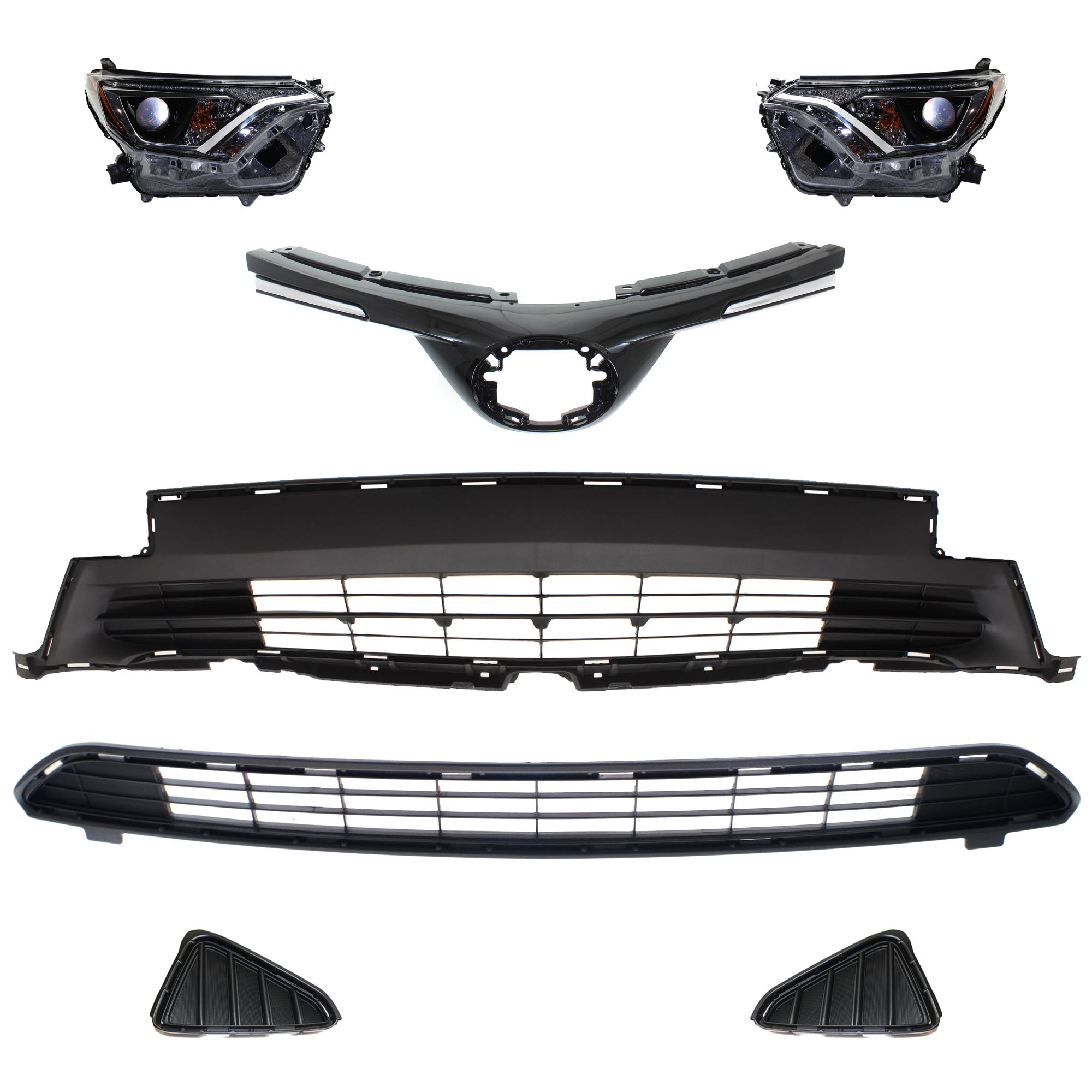AM RAV4-16-18 HEAD LAMP RH AND LH 7 Pc kit Assembly Halogen with Bumper Grille Fog Light Cover and Grille Assembly SKU KIT 092823-175 Partslink TO2502247 TO2503247 TO1036166 TO1036169 TO1038191 TO1039191 TO1200406 OEM 811100R080-811500R080-531130R0
