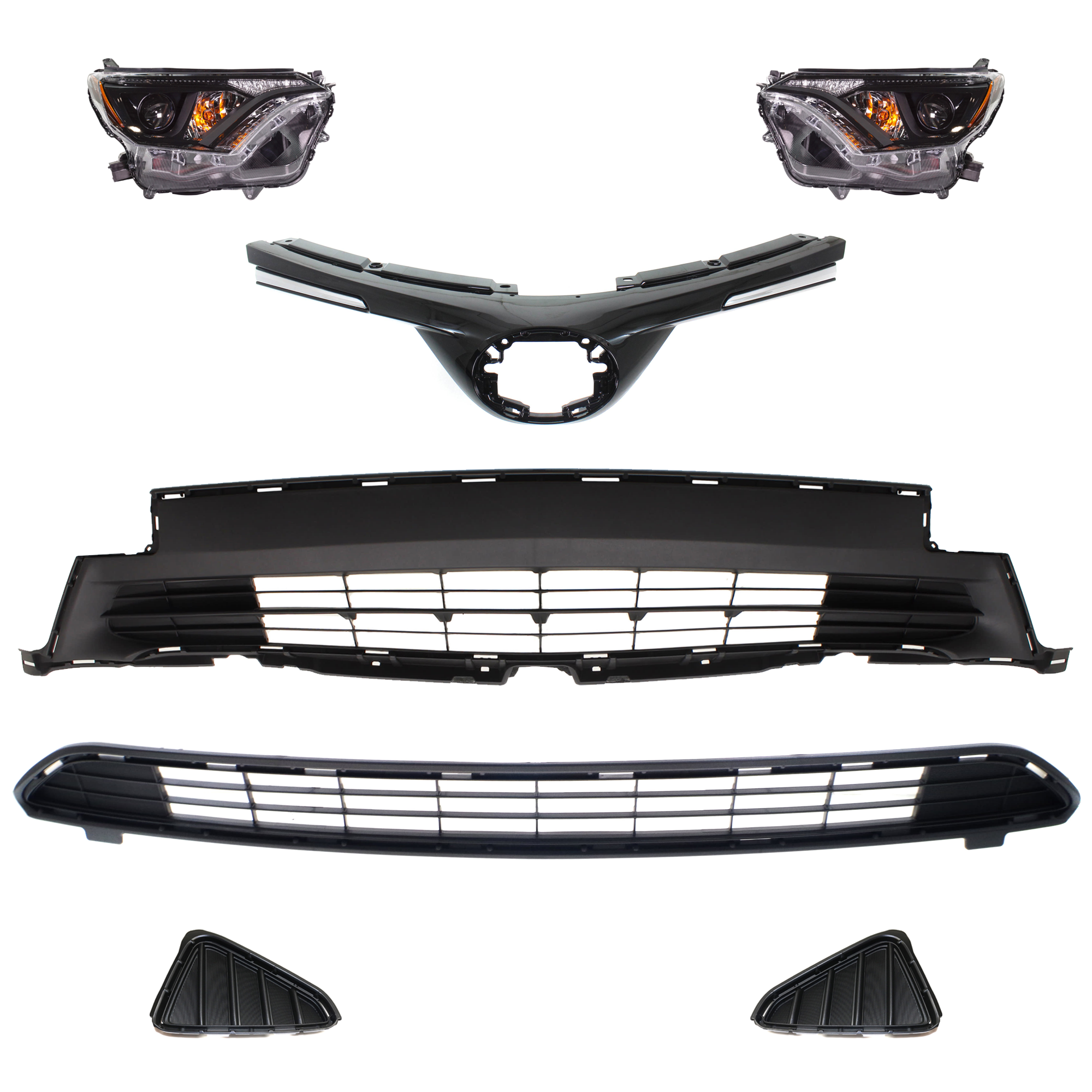 AM RAV4-16-18 HEAD LAMP RH AND LH 7 Pc kit Assembly Halogen with Bumper Grille Fog Light Cover and Grille Assembly SKU KIT 092823-176 Partslink TO2502268 TO2503268 TO1036166 TO1036169 TO1038191 TO1039191 TO1200406 OEM 811100R180-811500R180-531130R0