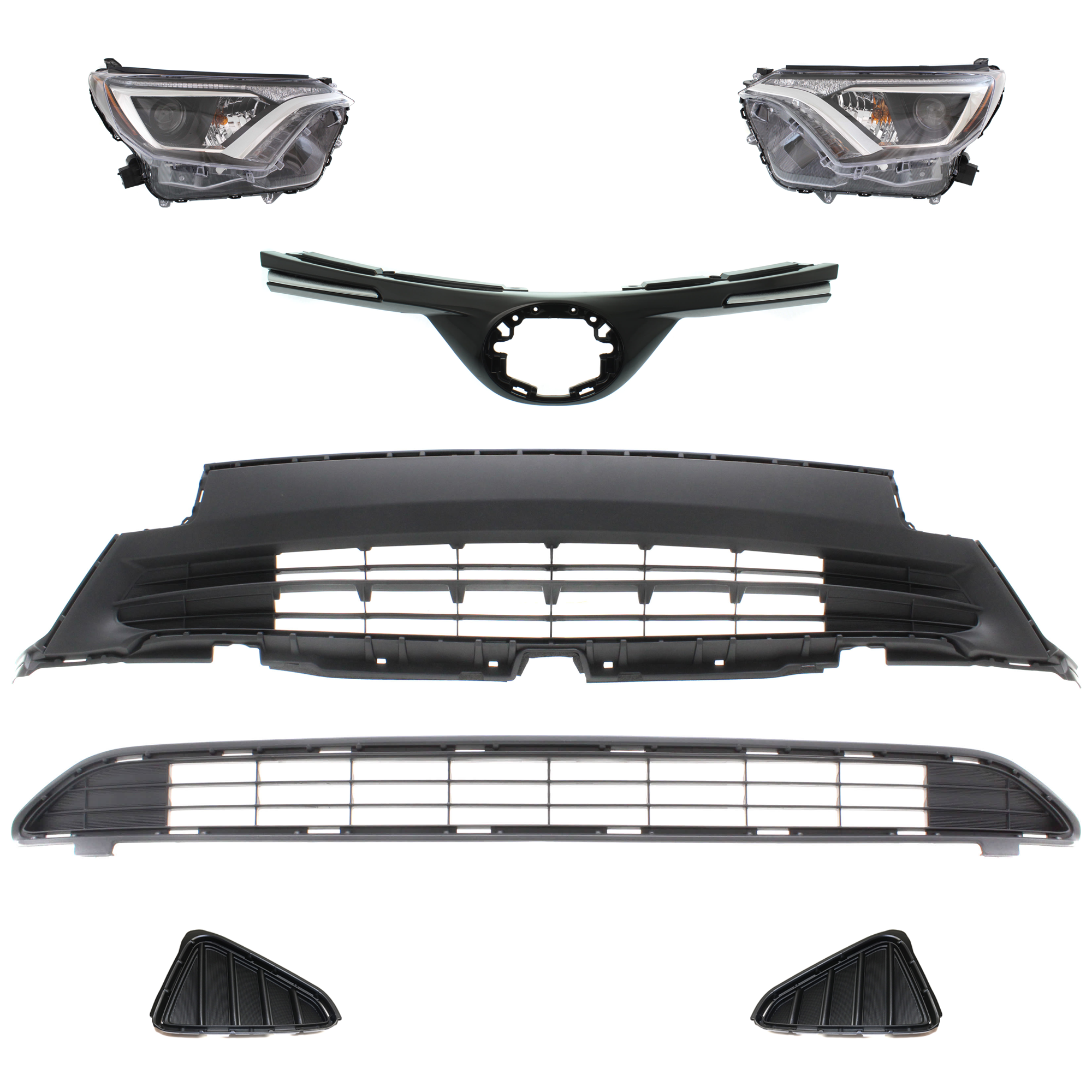 AM RAV4-16-18 HEAD LAMP RH AND LH 7 Pc kit Assembly Halogen with Bumper Grille Fog Light Cover and Grille Assembly SKU KIT 092823-177 Partslink TO1036166C TO1036169C TO1038191 TO1039191 TO1200406C TO2502247C TO2503247C OEM 520300R010-520400R010-531010R1