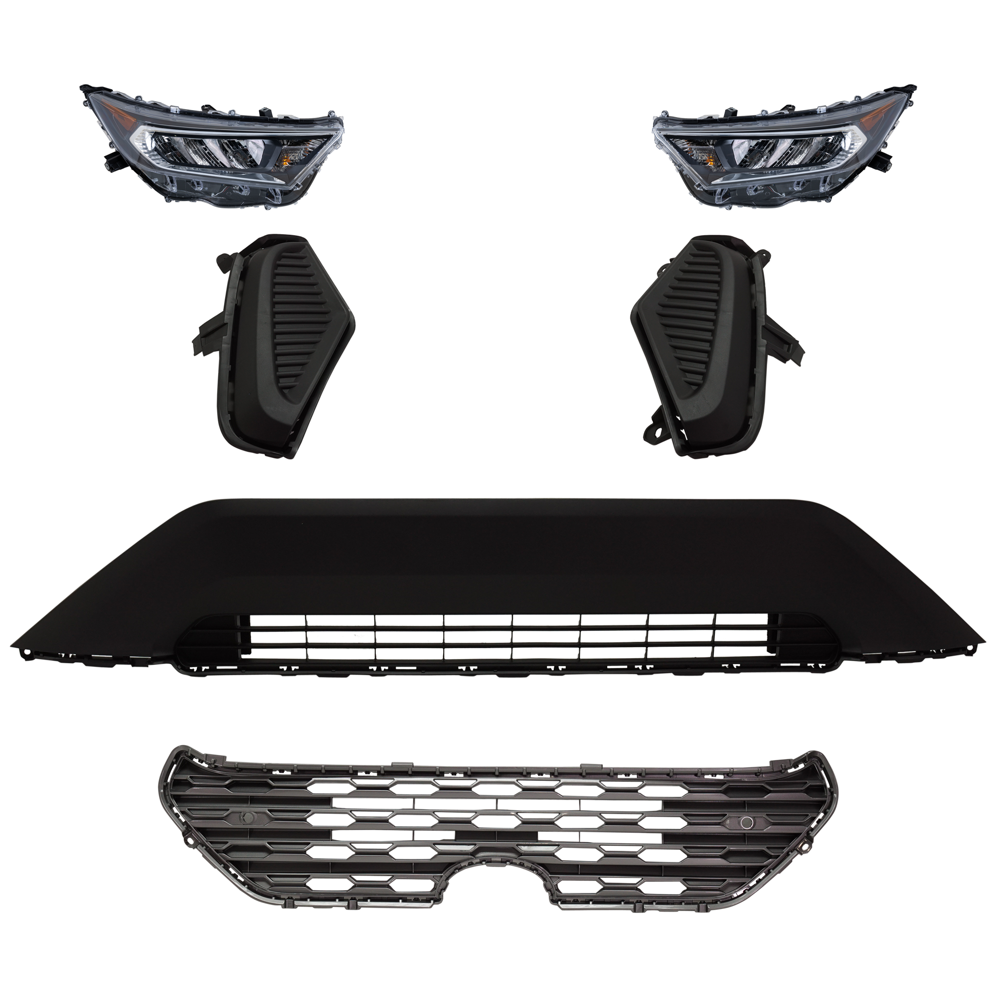 AM RAV4-19-21 HEAD LAMP RH AND LH 6 Pc kit Assembly LED with Bumper Grille Fog Light Cover and Grille Assembly SKU KIT 092823-178 Partslink TO2502275 TO2503275 TO1036203 TO1038225 TO1039225 TO1200440 OEM 811100R140-811500R140-531130R0