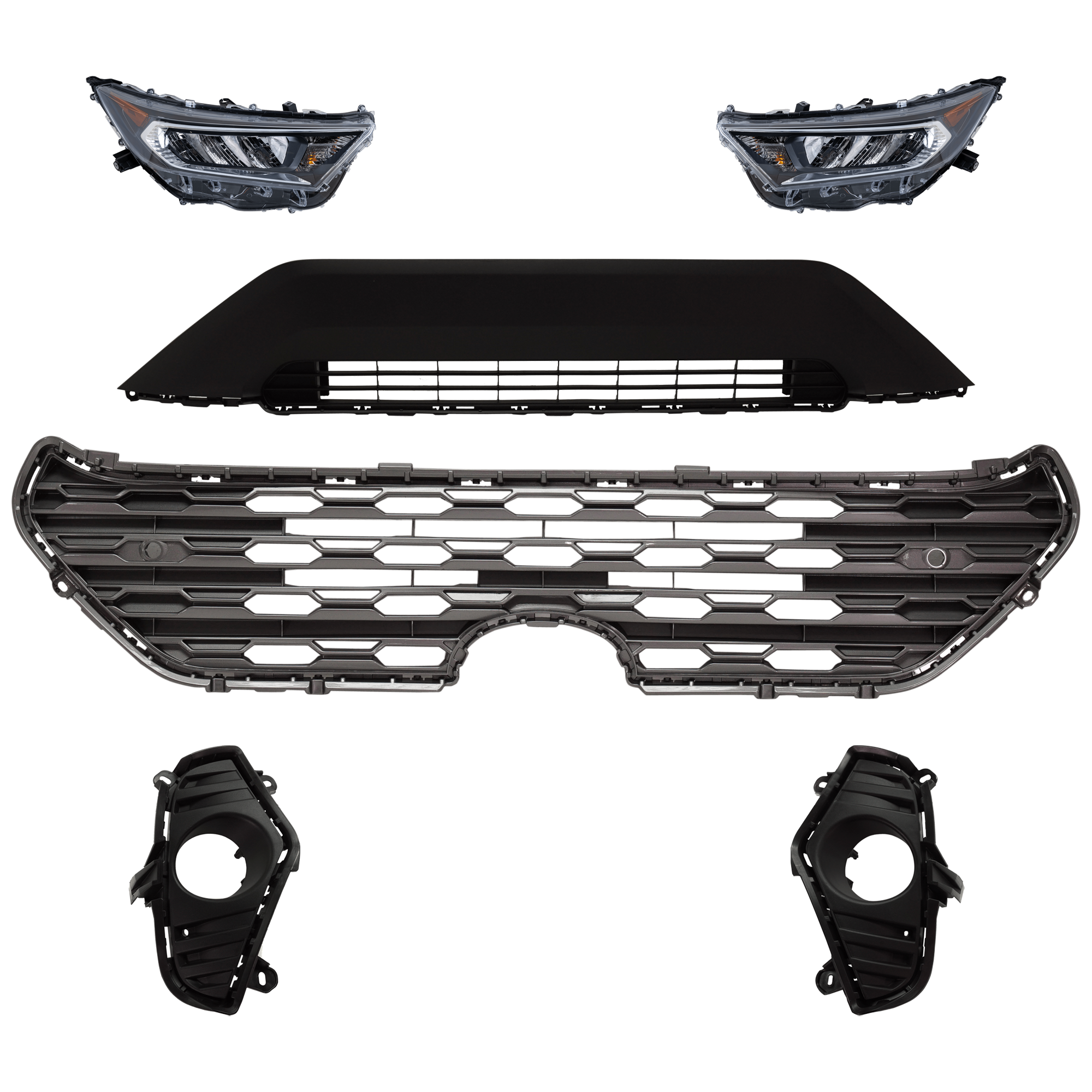 AM RAV4-19-21 HEAD LAMP RH AND LH 6 Pc kit Assembly LED with Bumper Grille Fog Light Cover and Grille Assembly SKU KIT 092823-179 Partslink TO2502275 TO2503275 TO1036203 TO1038223 TO1039223 TO1200440 OEM 811100R140-811500R140-531130R0